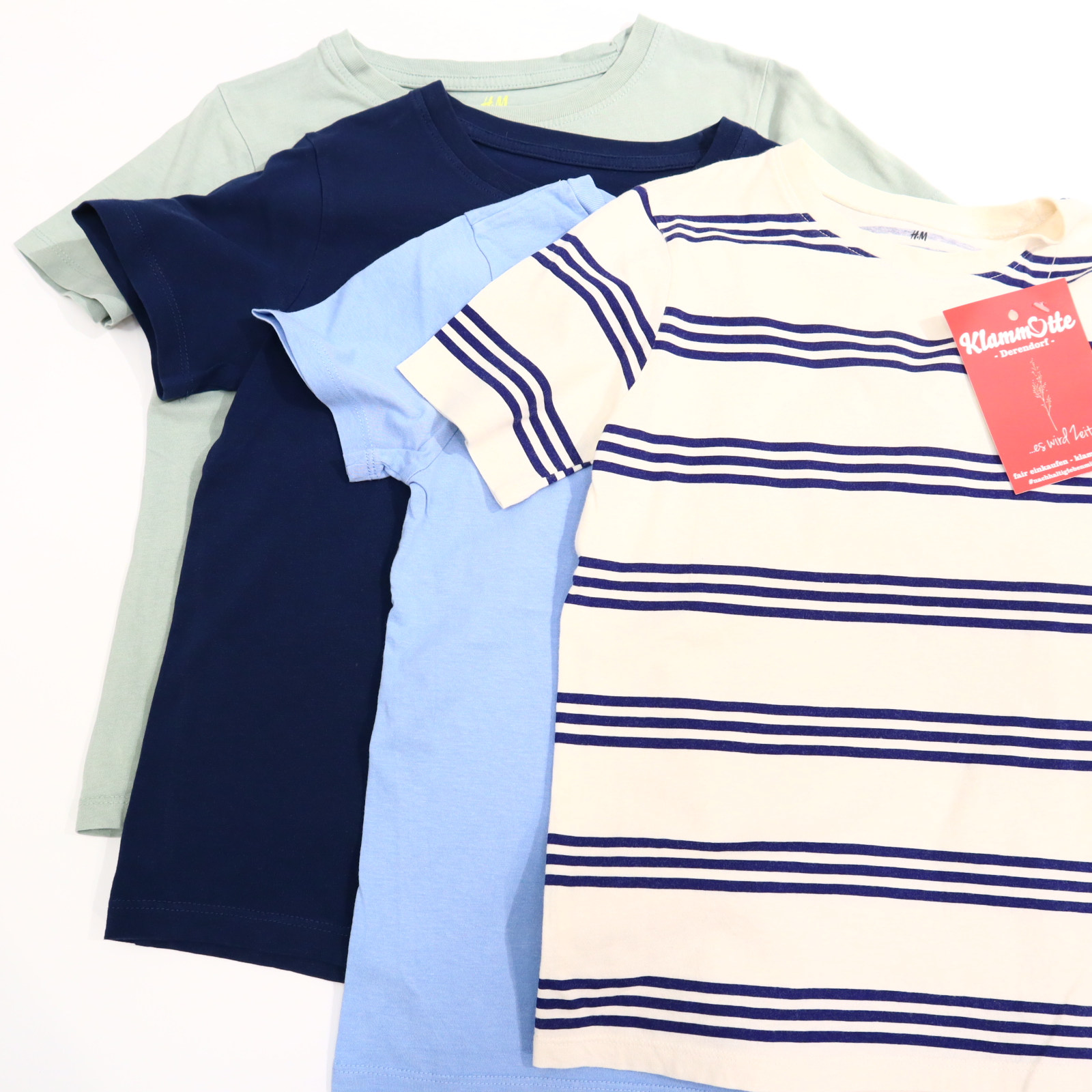 Oberteil H&M Gr. 122/Gr. 128 kurzarm Shirt/4er Set blau/Salbei/weiß Baumwolle gestreift