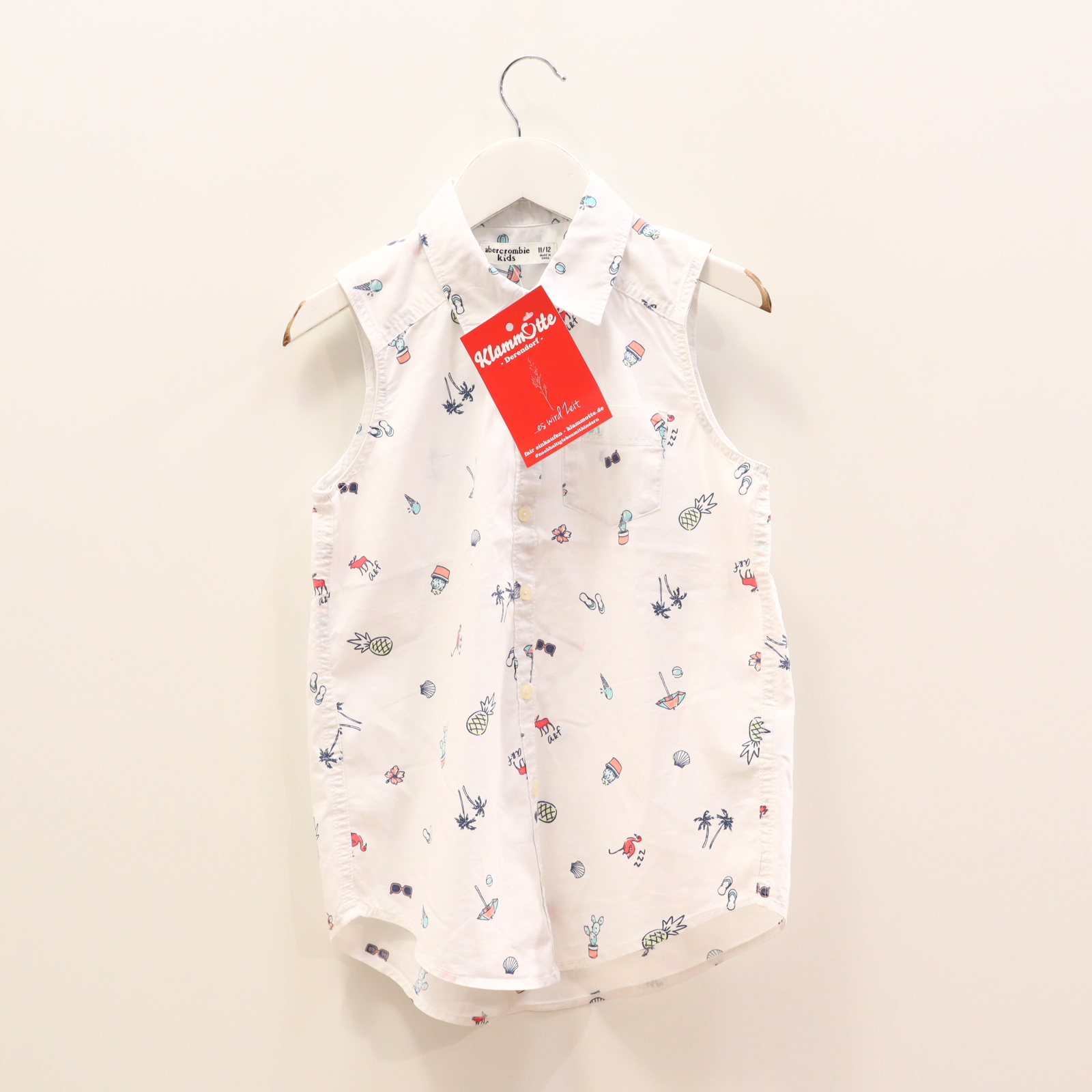 Oberteil abercrombie  146/152 weiß Alloverprint ärmellos/Bluse Baumwolle/Elasthan/Polyester