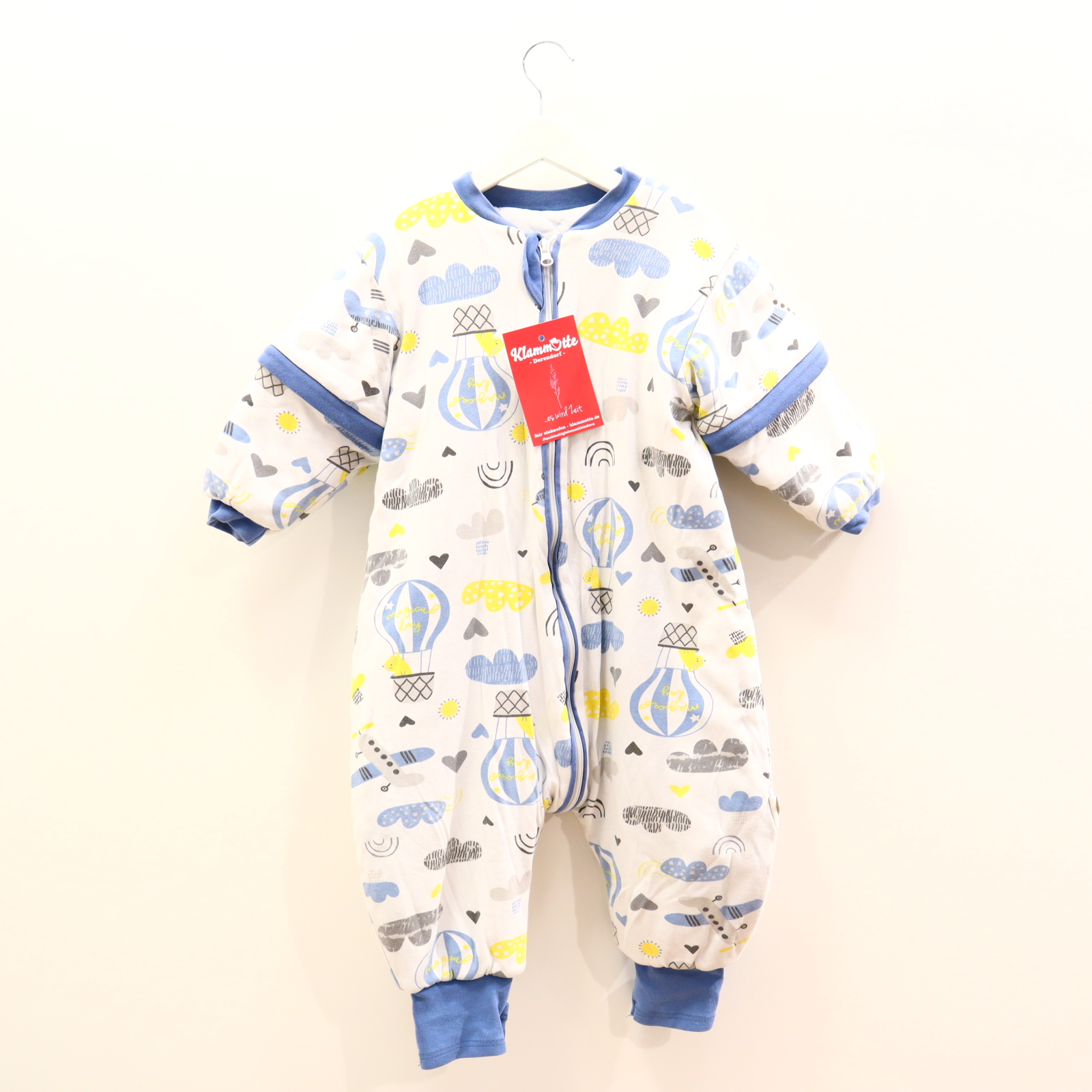 Schlafsack Mosebears 90cm Schlafsack mit Beinen blau/gelb/weiß Alloverprint Baumwolle Herbst/Winter abnehmb. Ärmel/Wendebündchen/Zwei-Wege-Reißverschluß Polyester