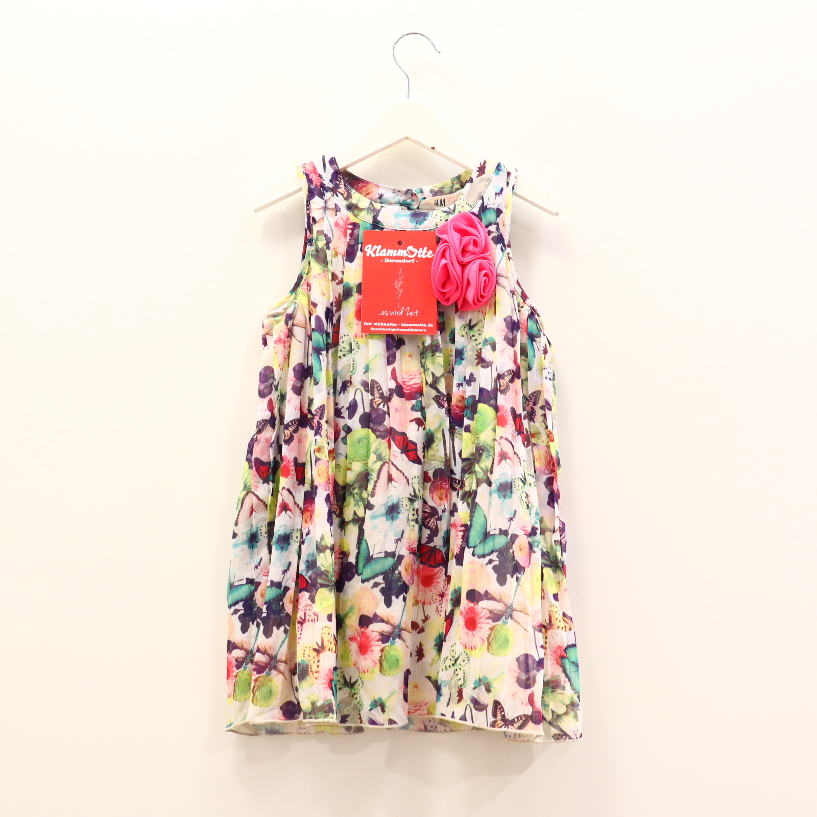 Kleider & Röcke H&M Chiffonkleid 110 bunt/creme Alloverprint/Applikation/Blumen Polyester Knopf