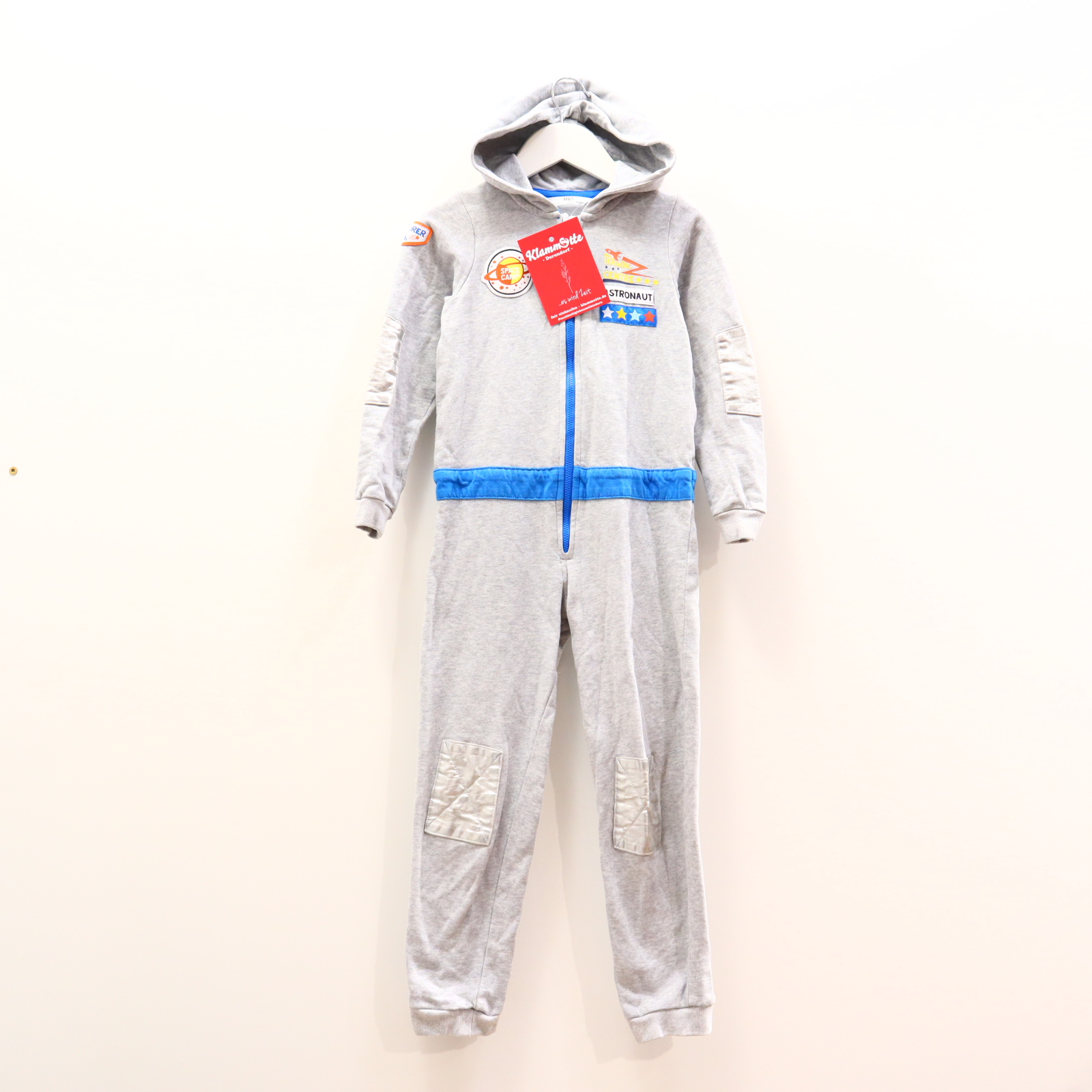 Oberteil Marks&Spencer Gr. 116/Gr. 122 Einteiler/Overall/Kostüm grau Baumwolle/Sweat Aplikation/melange Kapuze Astronaut