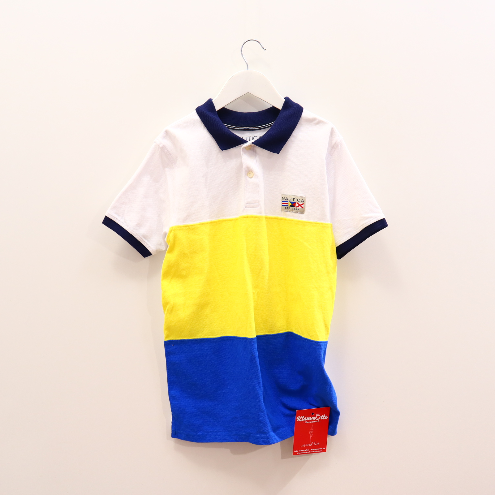 Oberteil NAUTICA Gr. 140/Gr. 146/Gr. 152 kurzarm Shirt blau/gelb/weiß Baumwolle/Pique Applikation/Blockstreifen/Logo Polo