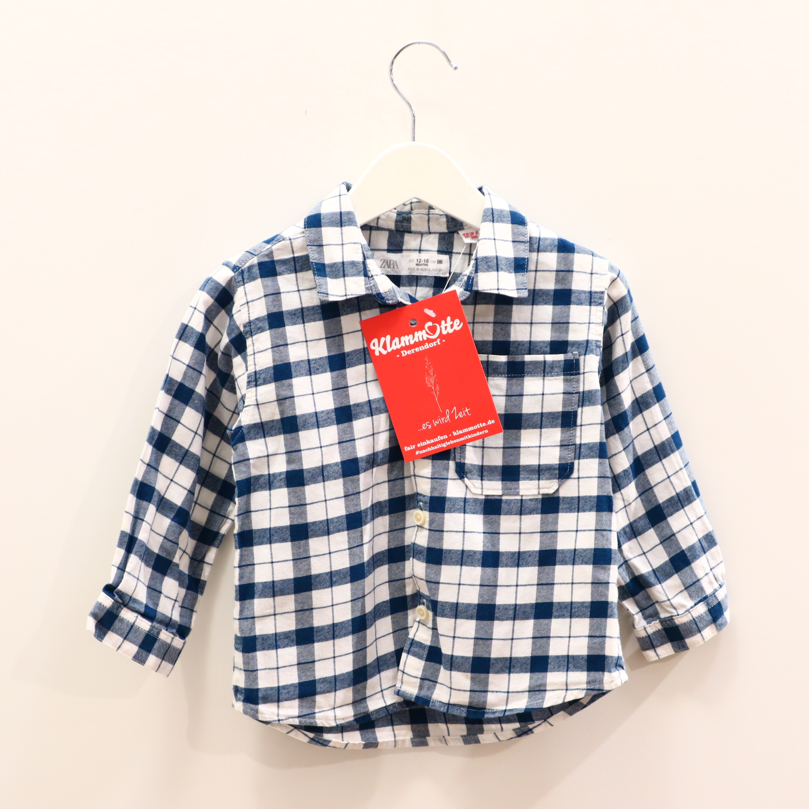 Oberteil ZARA Gr. 86 Hemd/langarm Petrol/weiß Baumwolle/Flanell gestreift/kariert