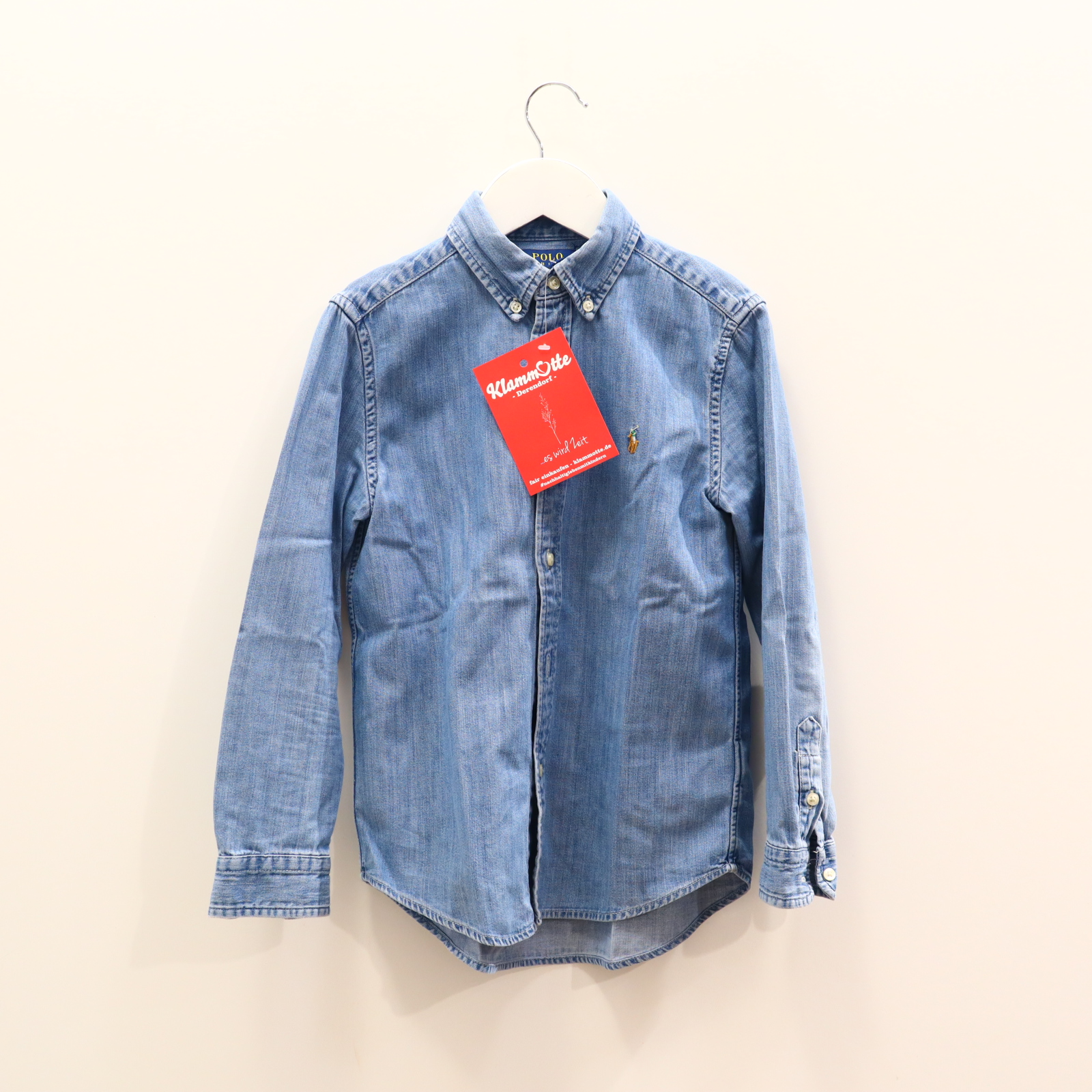 Oberteil RALPH LAUREN Gr. 122/Gr. 128 Hemd/langarm blau Baumwolle/Chambray gestreift/Logo/Stickerrei Button-down-Kragen