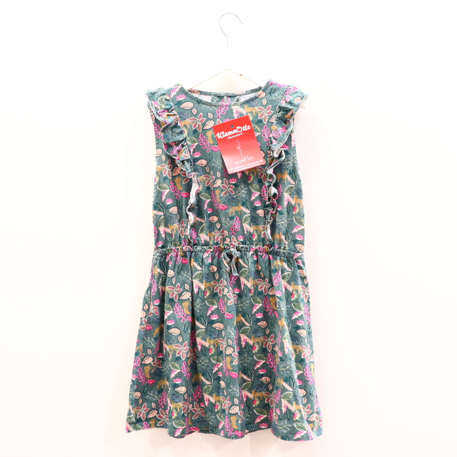 Kleider & Röcke Vertbaudet Jerseykleid 140 bunt/grün Alloverprint/Blumen/Volants Baumwolle Knopf