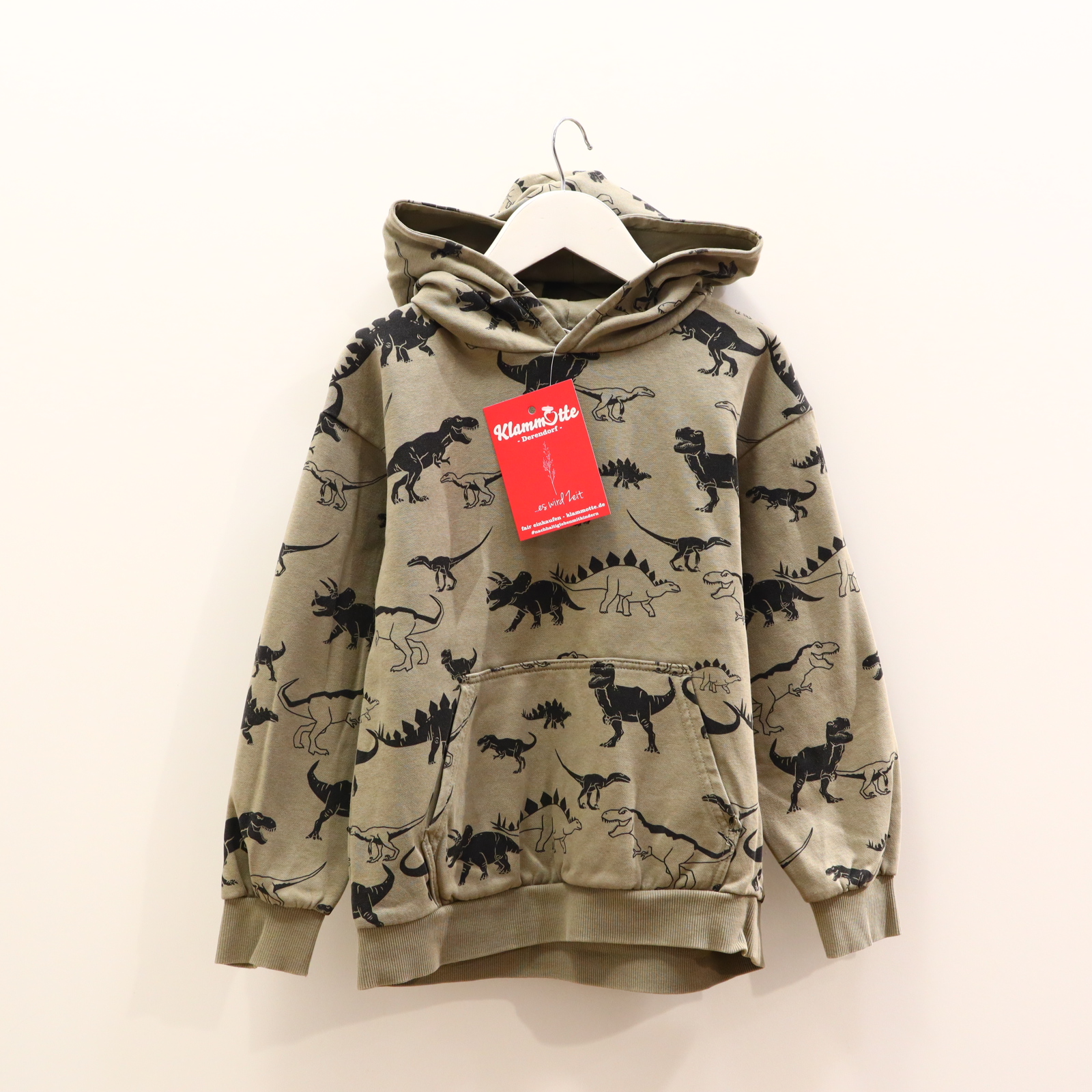 Oberteil H&M Gr. 140 Kapuzenpullover oliv Alloverprint Dinosaurier