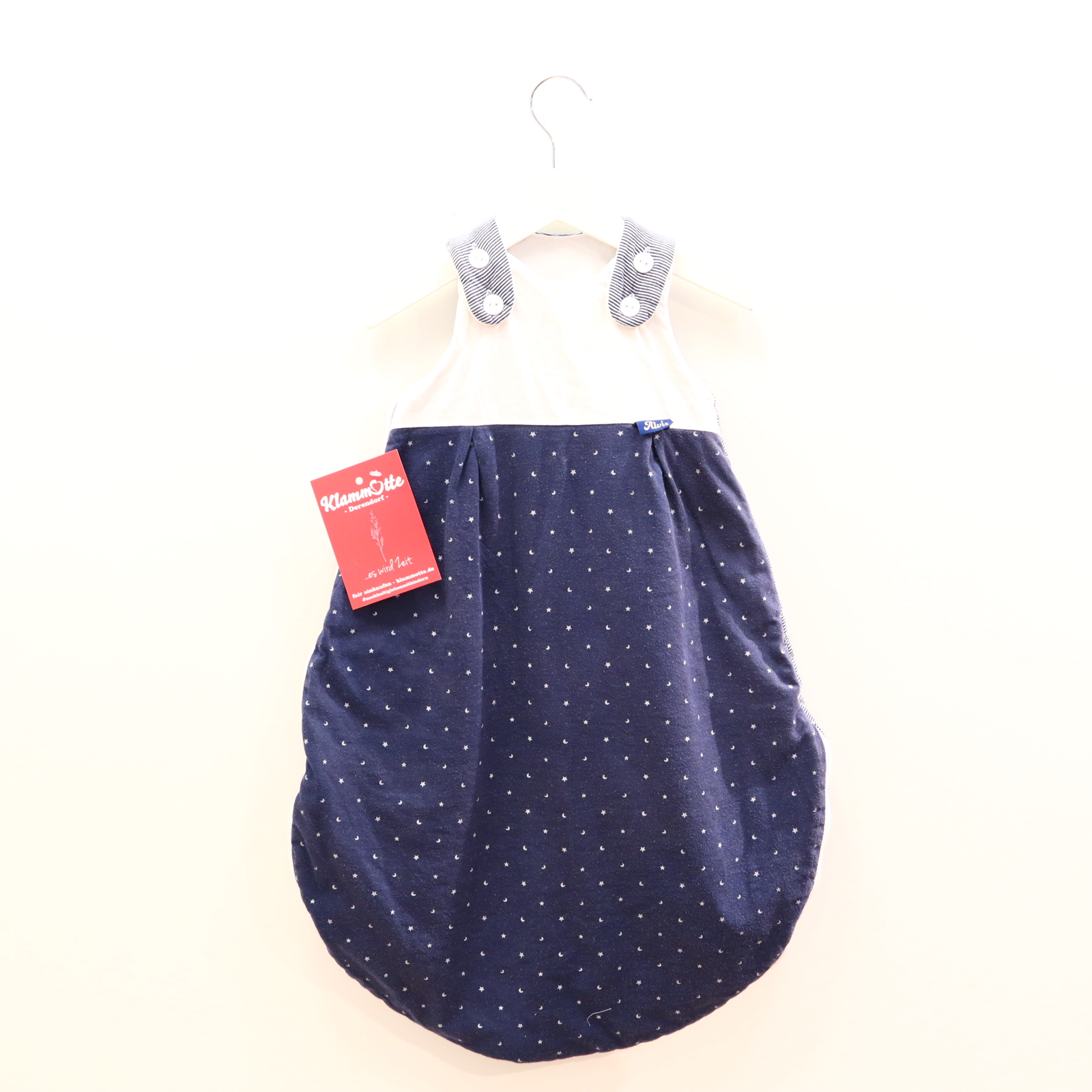 Schlafsack Alvi 62cm/68cm Aussensack blau/weiß Alloverprint/gestreift/Sterne ganzjährig/2.5 TOG