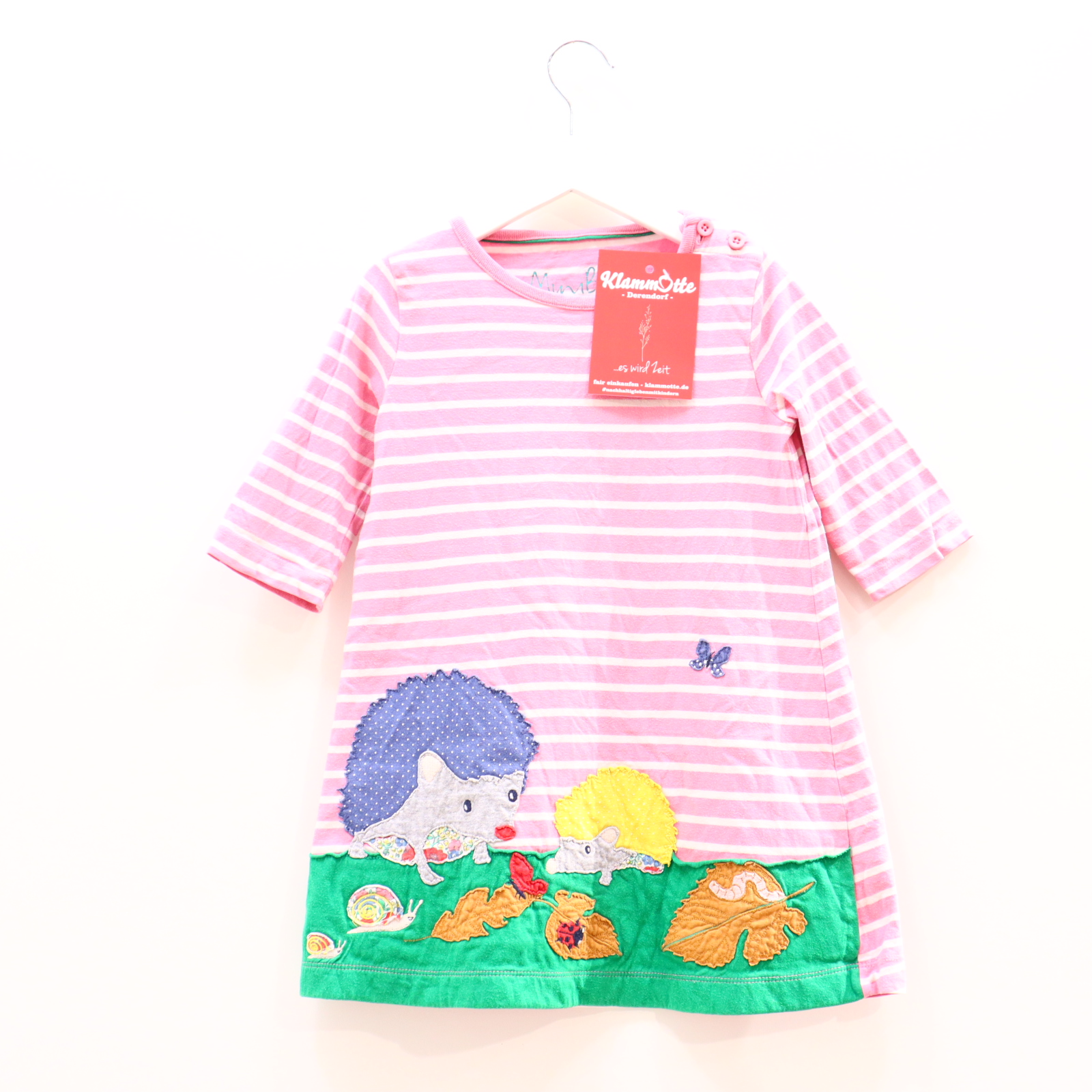 Kleider & Röcke mini Boden Jerseykleid 104 rosa/weiß Applikation/gestreift Baumwolle Knopfleiste