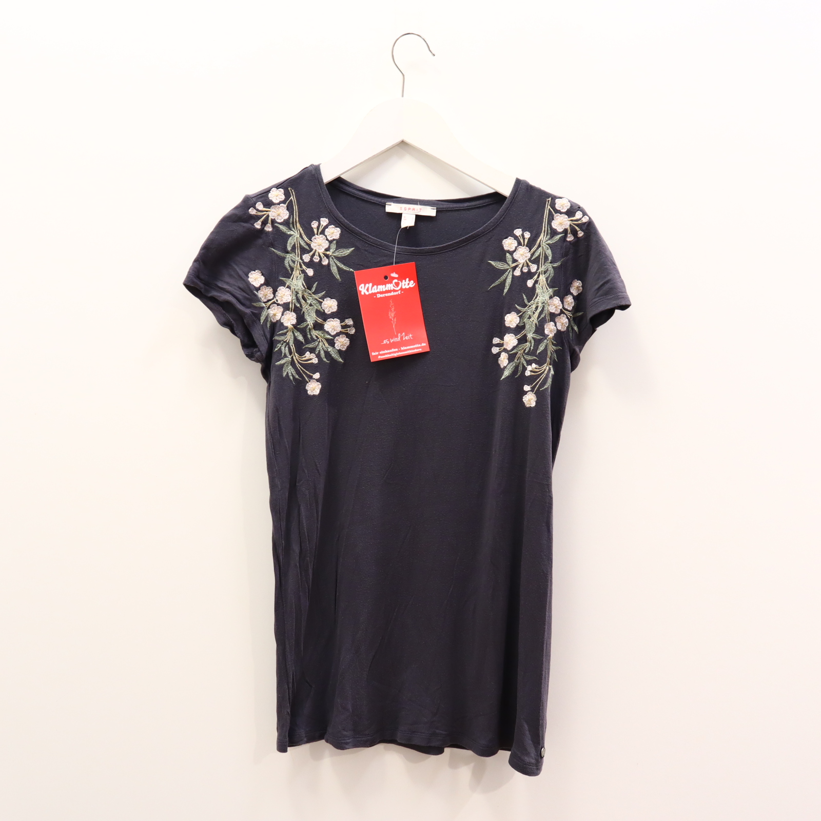 Shirt ESPRIT S/36 grau Viskose Blumen/Stickerei kurzarm