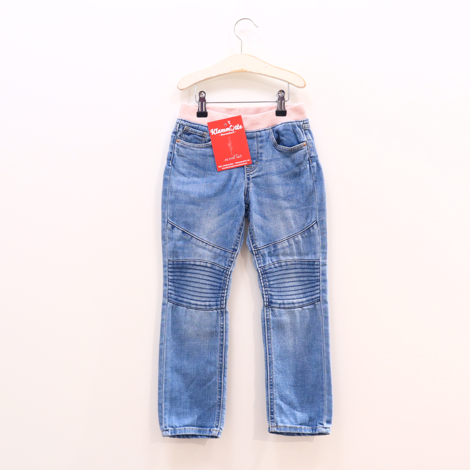 Hose H&M Jeans 116 blau/rosa Denim Gummibandzug Slim