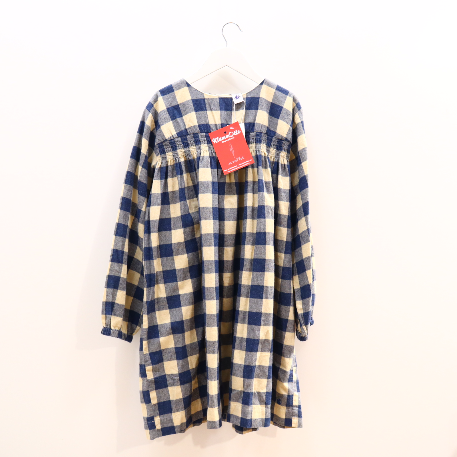 Kleider & Röcke PETIT BATEAU Baumwollkleid 152 blau/creme kariert/Smok Baumwolle/Flanell Knopfleiste NEU