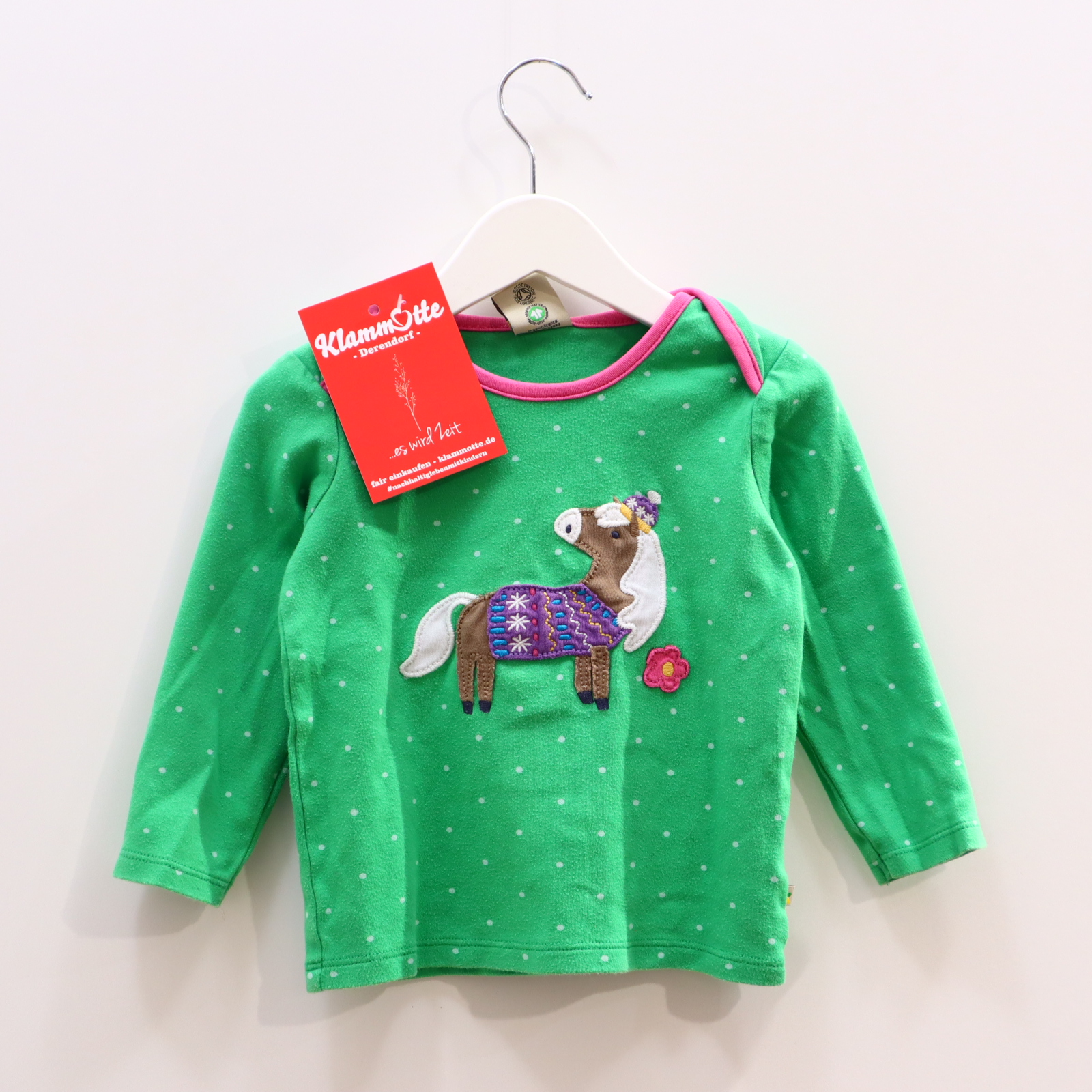 Oberteil frugi 86/92 grün/rosa Applikation/gepunktet langarm Shirt Biobaumwolle