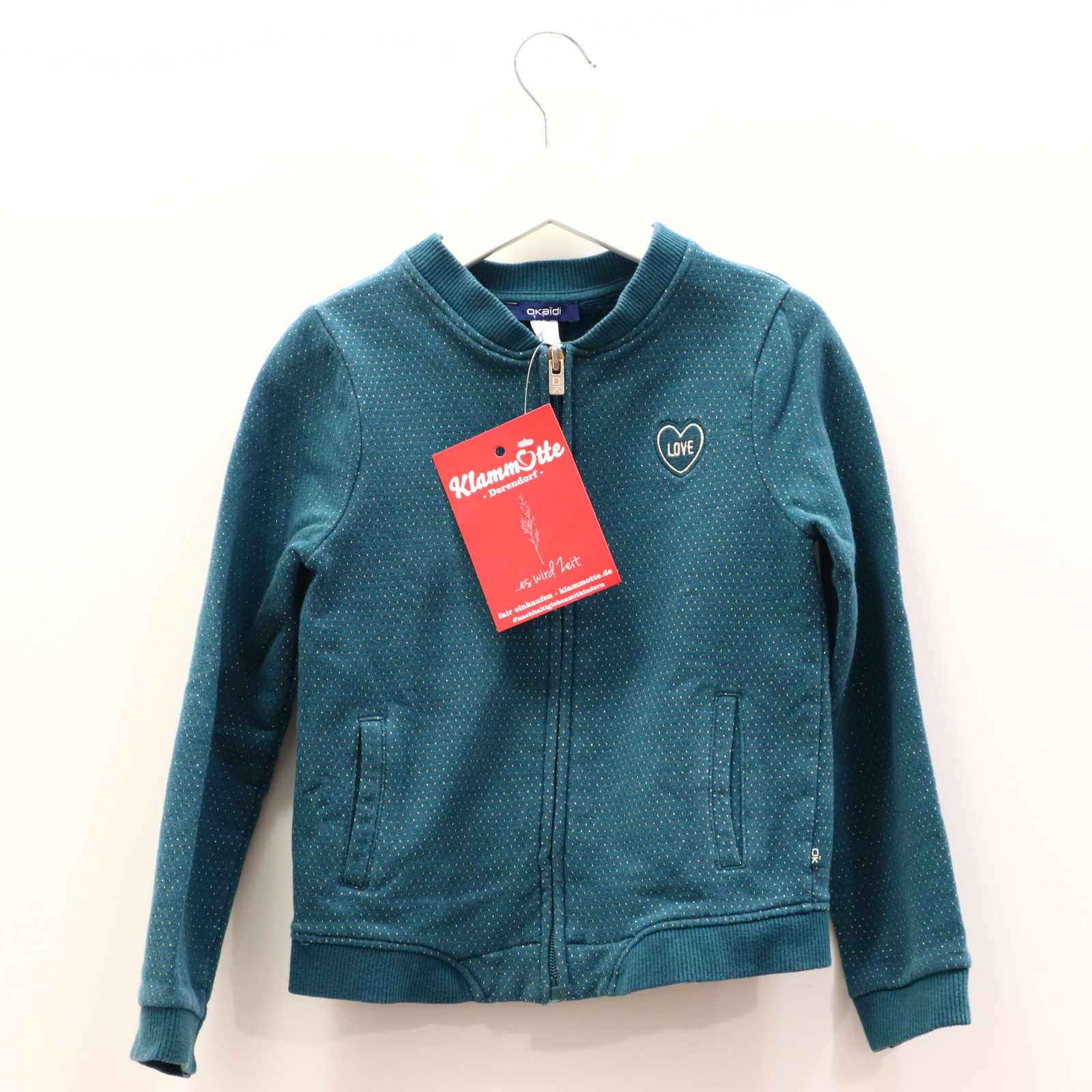 Oberteil Okaidi 116 grün Applikation/gepunktet Sweatjacke Dinosaurier