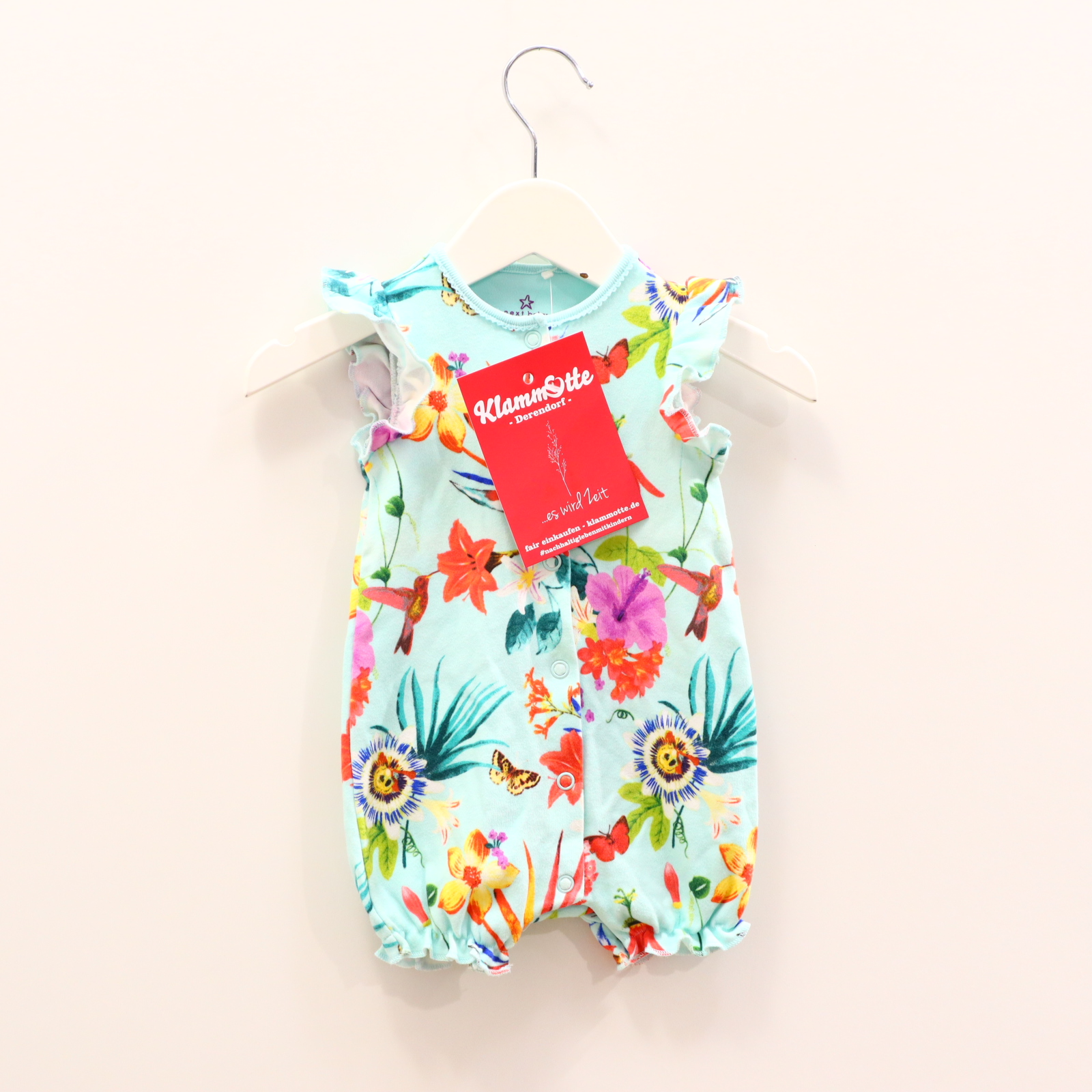 Hosen & Strampler next 62 bunt/mint Alloverprint/Blumen/Volants Einteiler/kurzarm/ohne Bein Jersey Druckknopfverschluss vorne und im Schritt