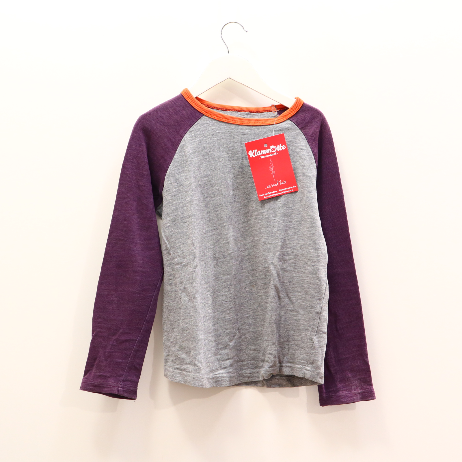 Oberteil mini Boden Gr. 128 langarm Shirt grau/aubergine Baumwolle melange