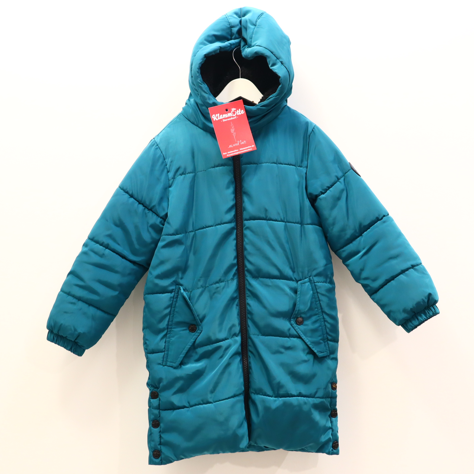 Jacke WE Steppmantel 122/128 grün Herbst/Winter Applikation/Logo Teddy-Kapuzenfutter