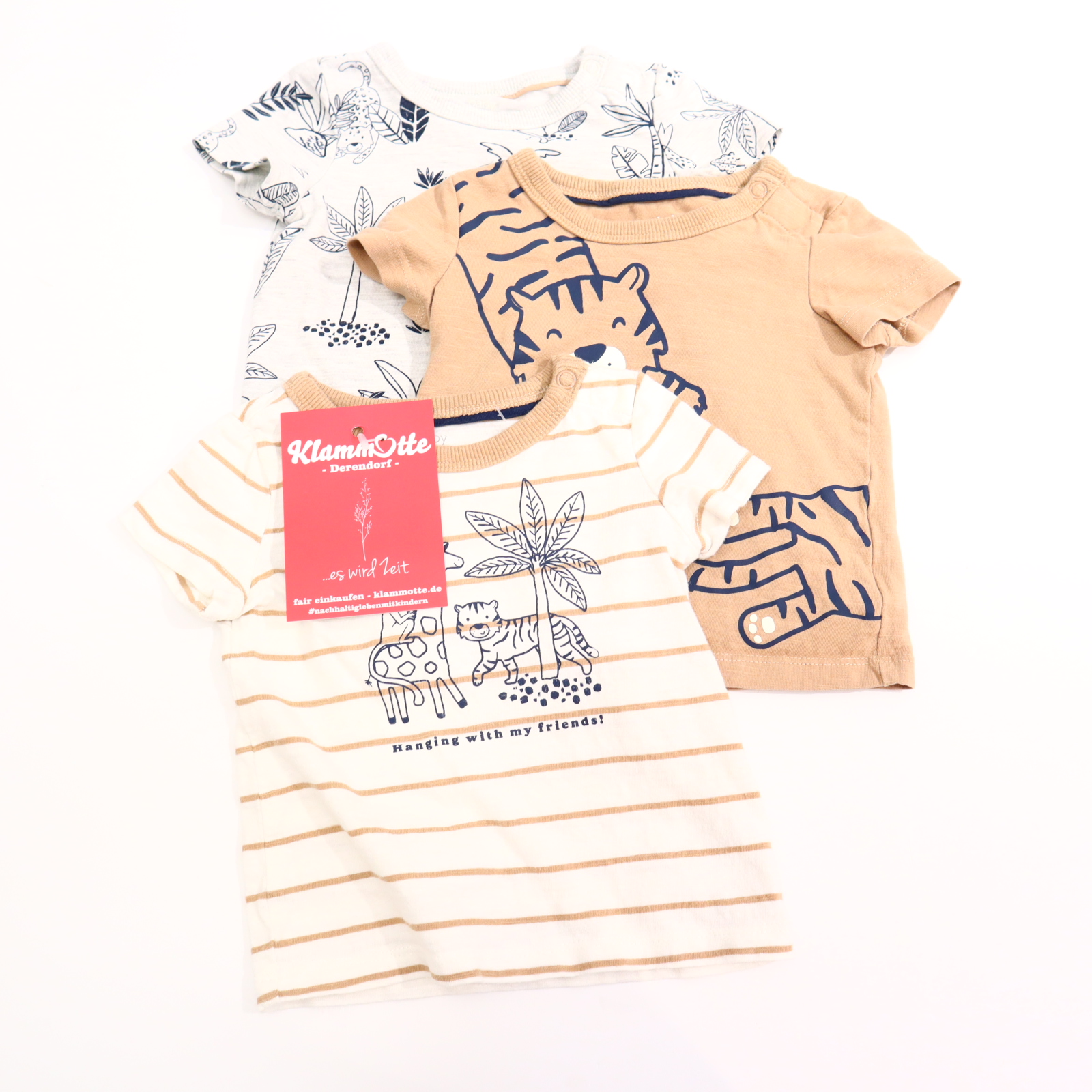 Oberteil C&A 74 grau/walnuss/weiß Alloverprint/melange/Print kurzarm Shirt/3er-Set