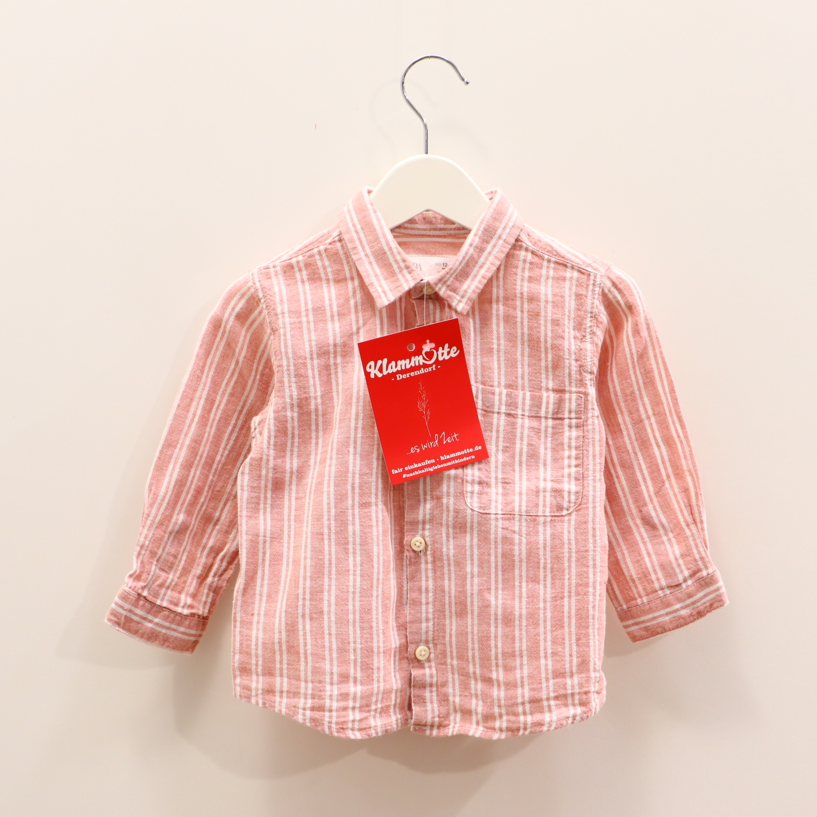 Oberteil ZARA Gr. 86 Hemd/langarm rosa/weiß Baumwolle/Leinen gestreift/melange