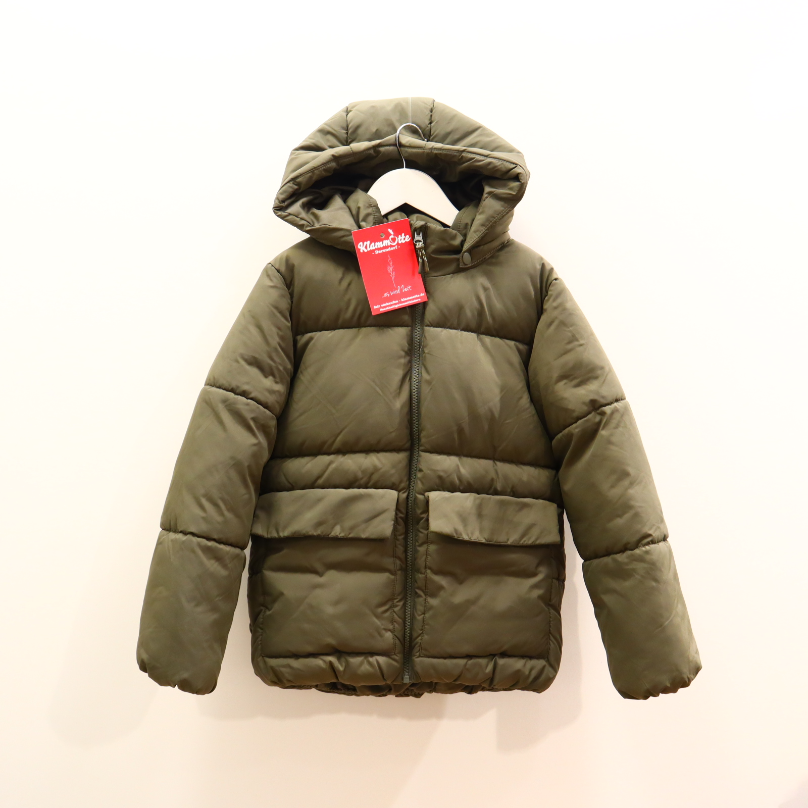 Jacke H&M 134/140 oliv Puffer Jacket/Steppjacke abnehmb. Kapuze Herbst/Winter