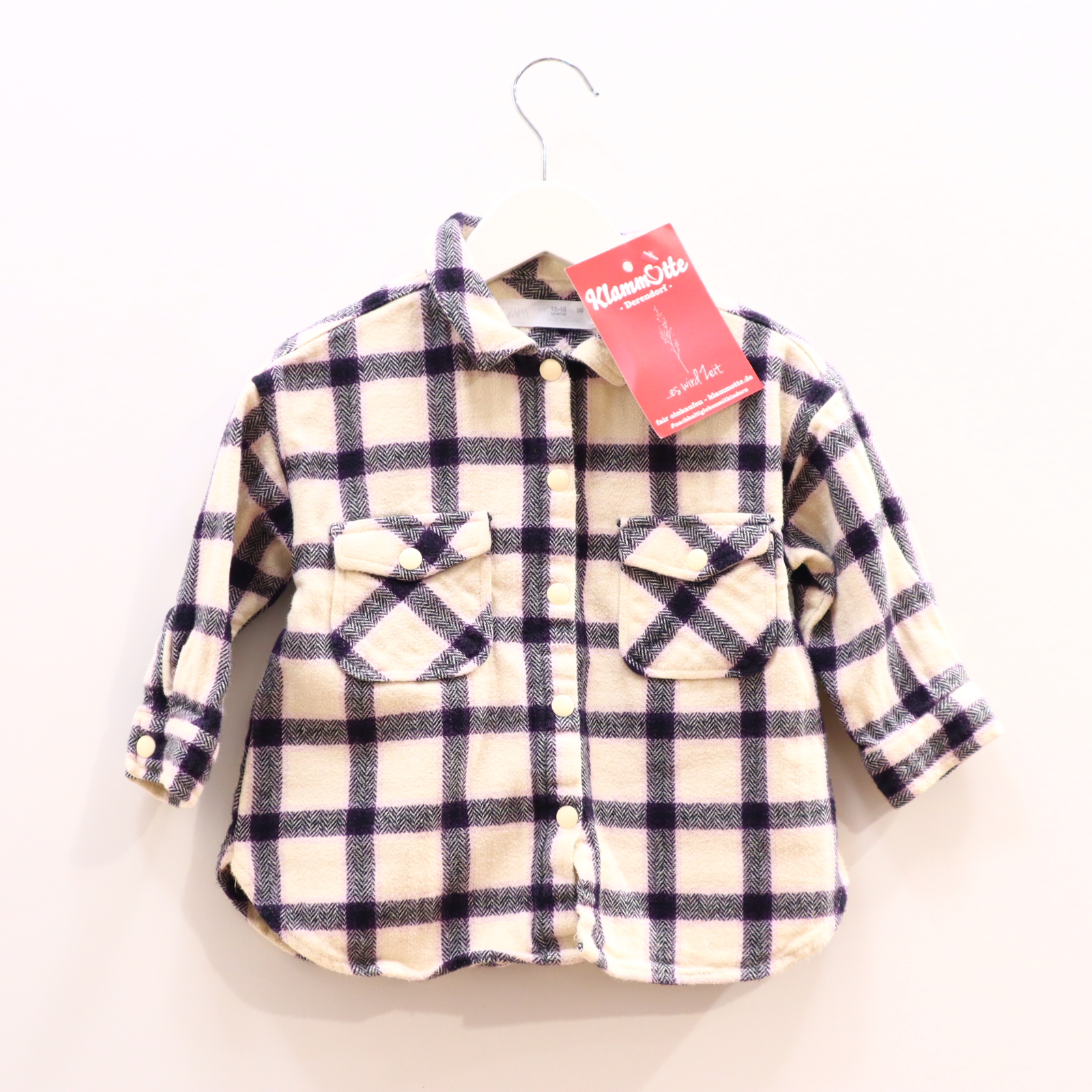 Oberteil ZARA 86 schwarz/weiß/flieder Bluse/Hemd/langarm Baumwolle/Flanell Druckknöpfe