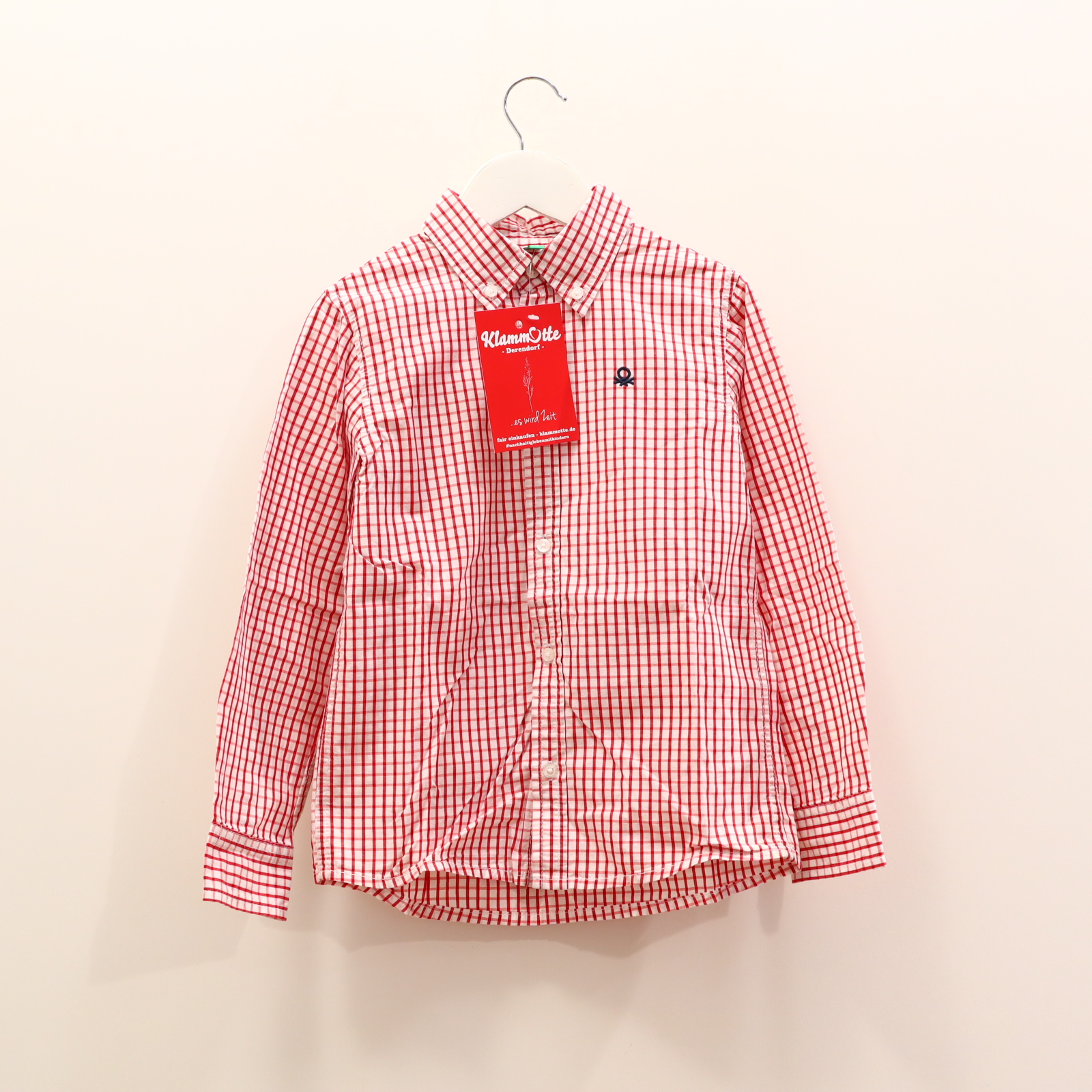 Oberteil BENETTON Gr. 128 Hemd/langarm rot/weiß kariert/Logo/Stickerrei Button-down-Kragen