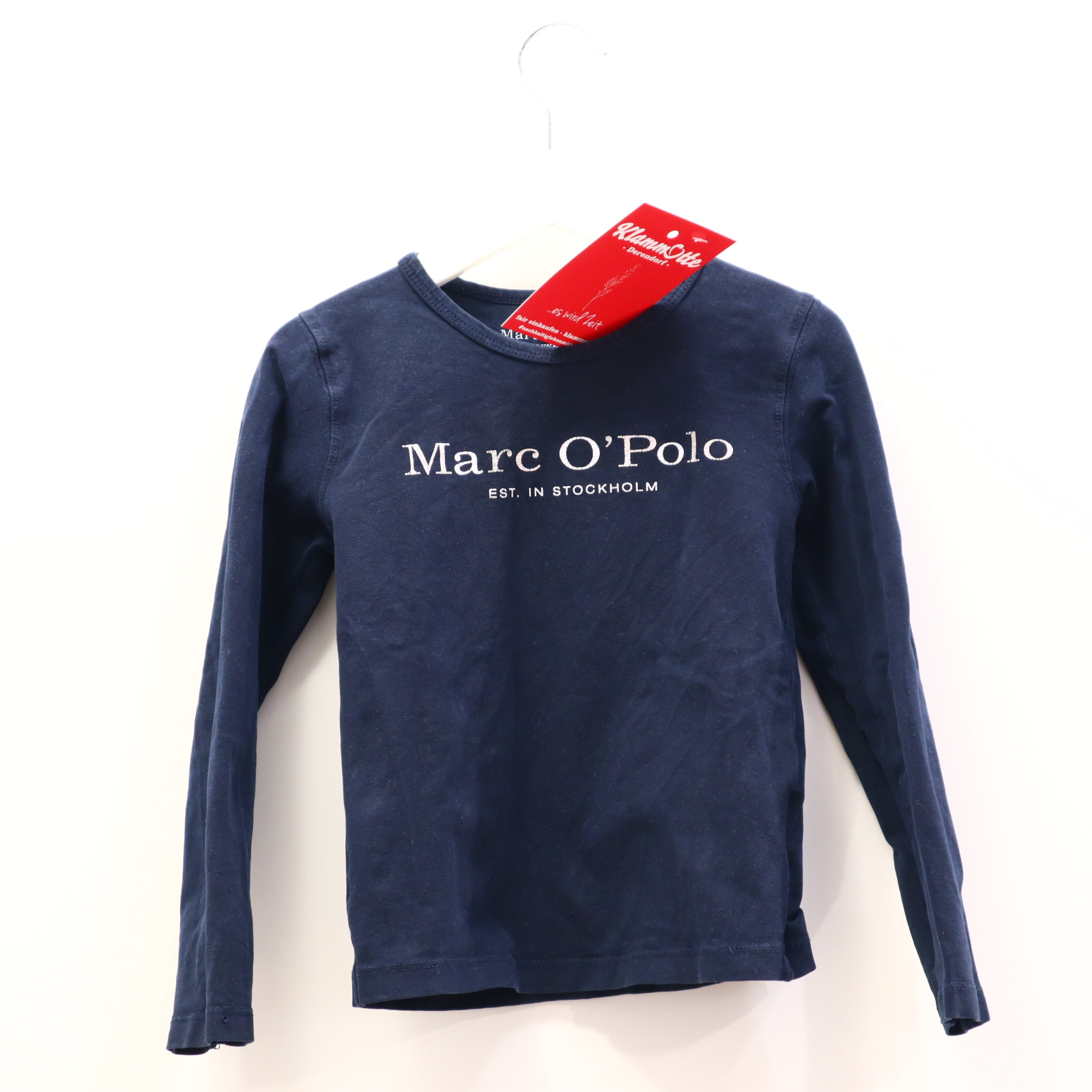 Oberteil MarcO`Polo Gr. 104/Gr. 110 langarm Shirt blau Baumwolle/Elasthan Logo/Print ganz leicht blass
