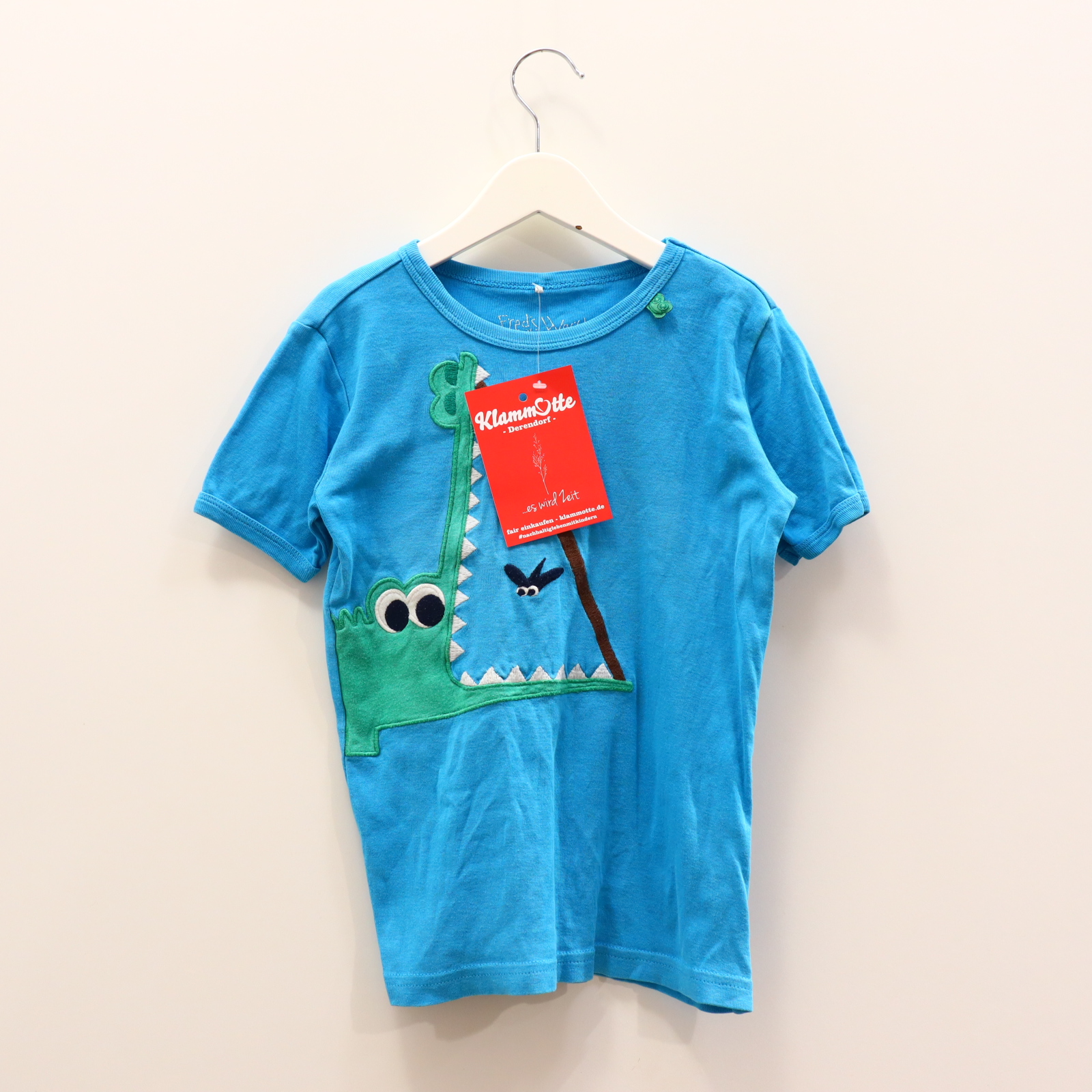 Oberteil Fred's World Gr. 116 kurzarm Shirt türkis Biobaumwolle Applikation/Stickerrei