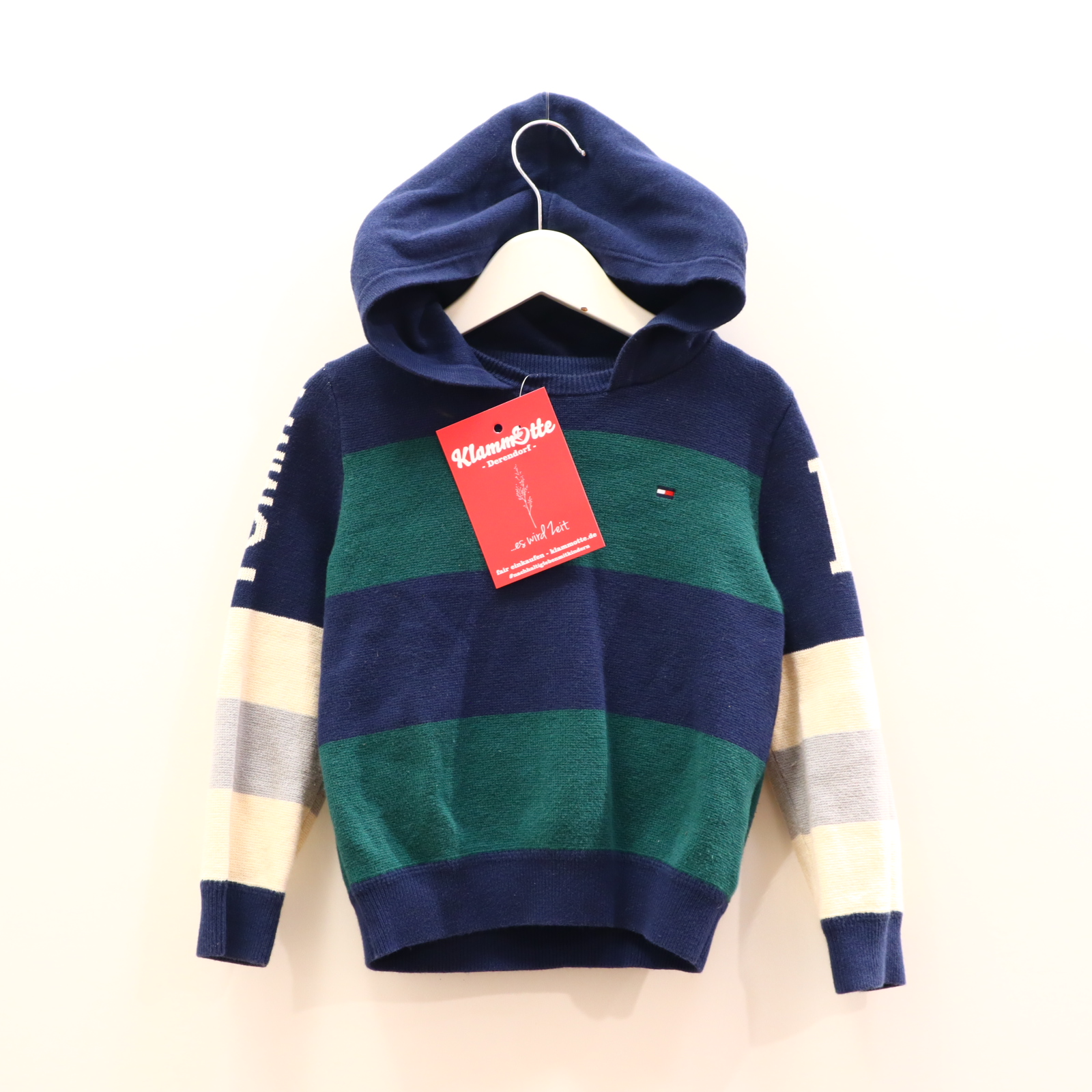 Oberteil TOMMY HILFIGER Gr. 104 Strickpullover blau/grau/weiß Baumwolle gestreift/Logo/Stickerrei Kapuze