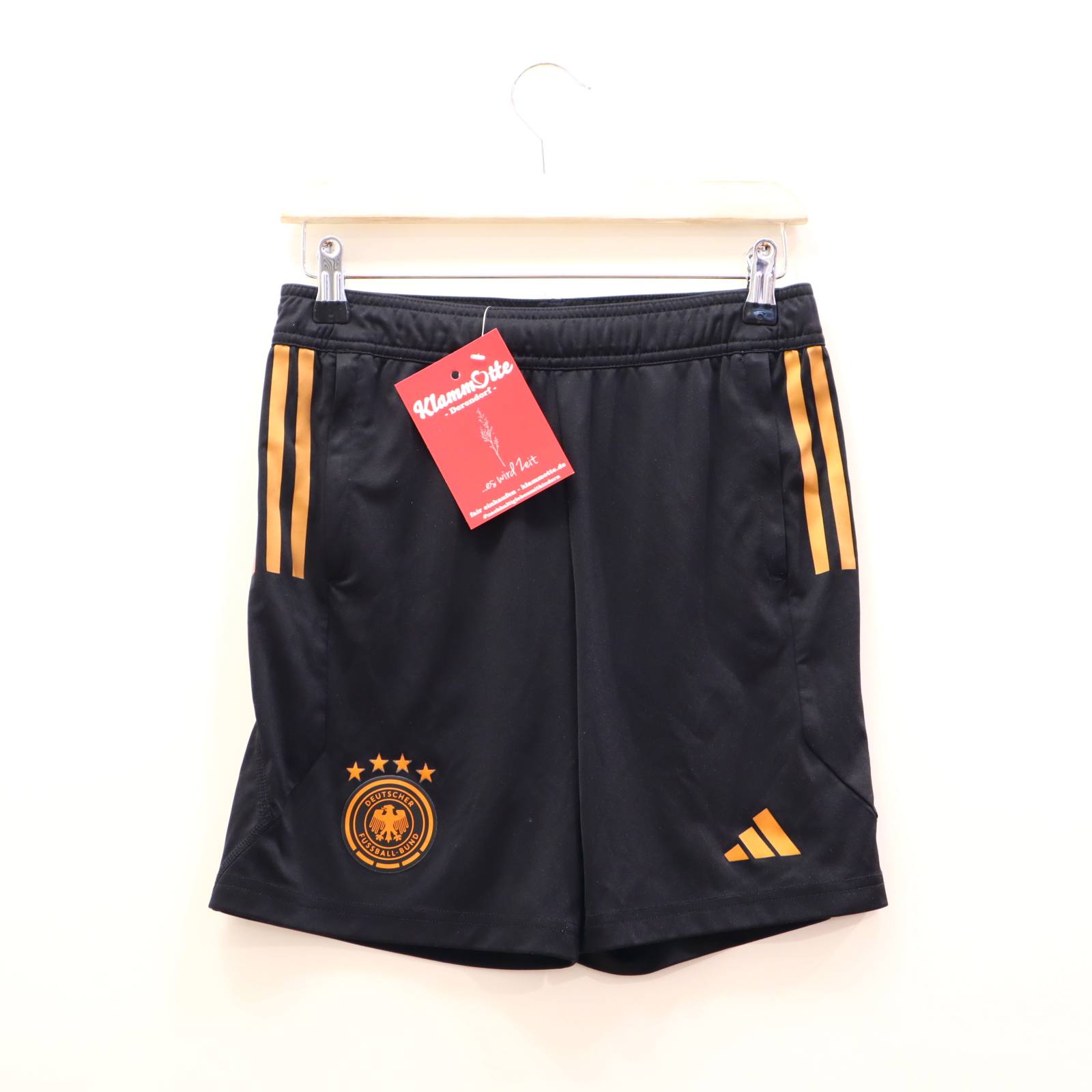 Hose adidas 152 Short/Sporthose/Trikothose gold/schwarz Print Gummibandzug/Kordelzug recycleter Polyester Reißverschluß-Taschen Deutschland/DFB