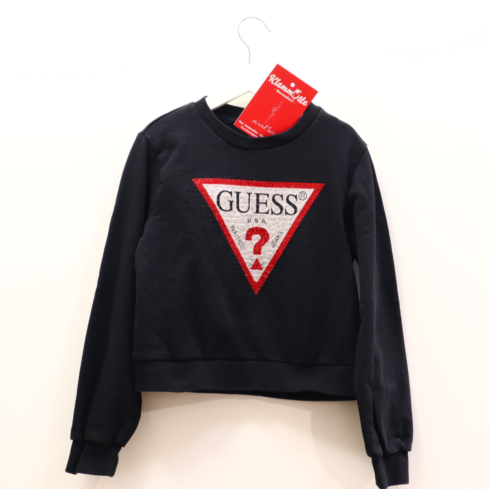 Oberteil GUESS 128 schwarz Logo/Print/Strass Sweatshirt Baumwolle Strass löst sich!