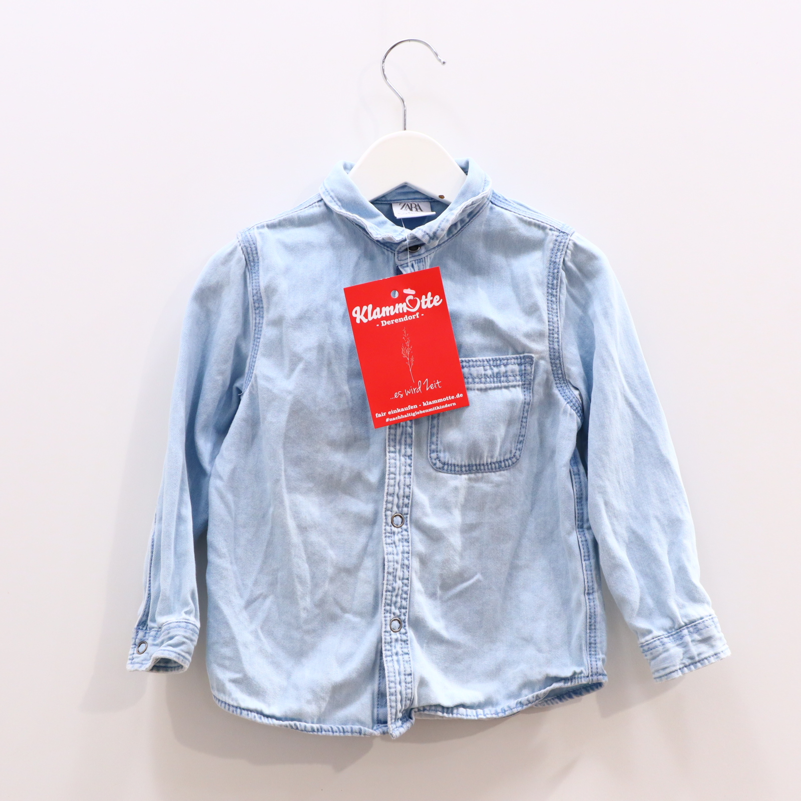 Oberteil ZARA Gr. 104 Hemd/langarm hellblau Baumwolle Druckknöpfe