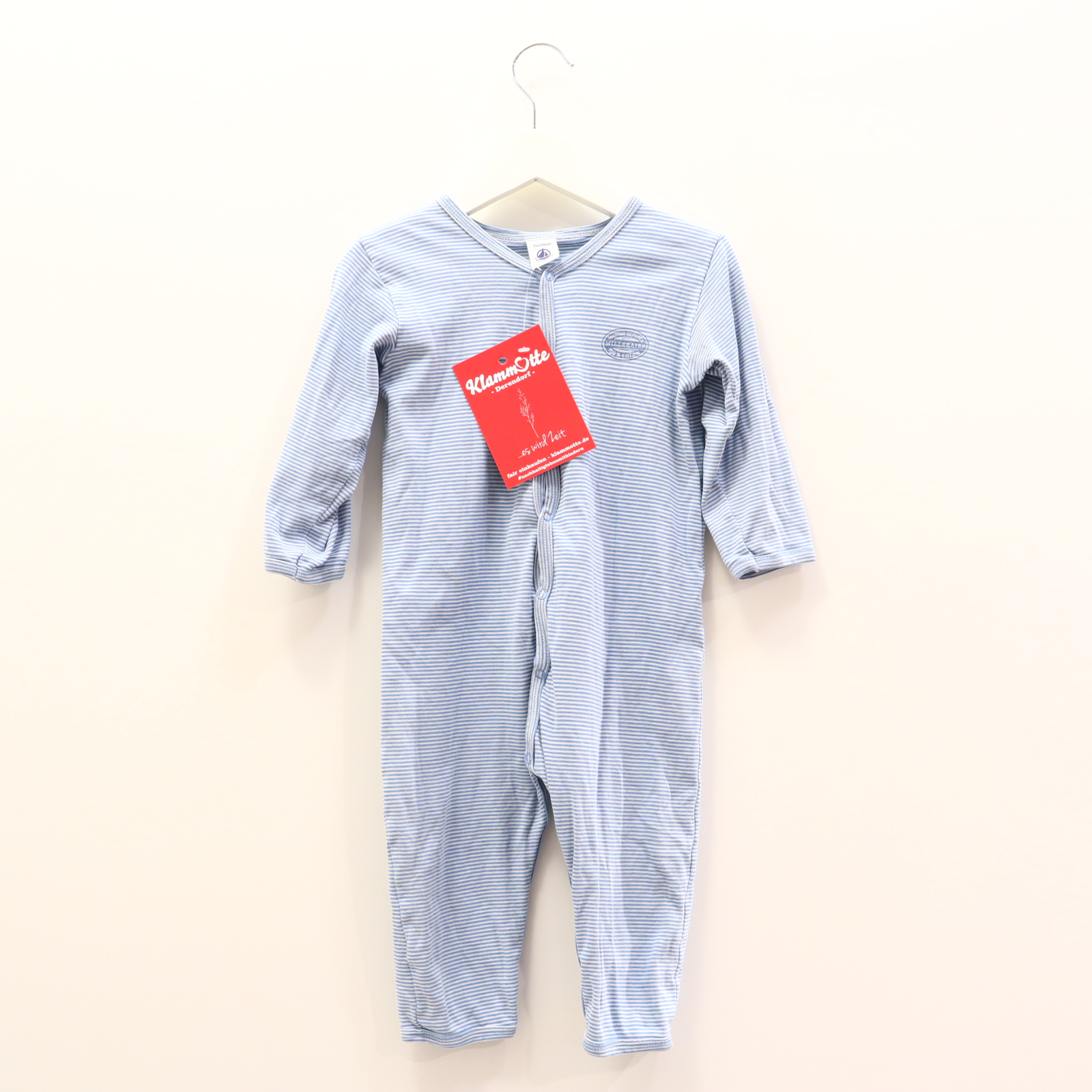 Oberteil PETIT BATEAU Gr. 86 Einteiler ohne Fuß/Schlafkleidung blau/weiß Baumwolle gestreift/Logo/Print
