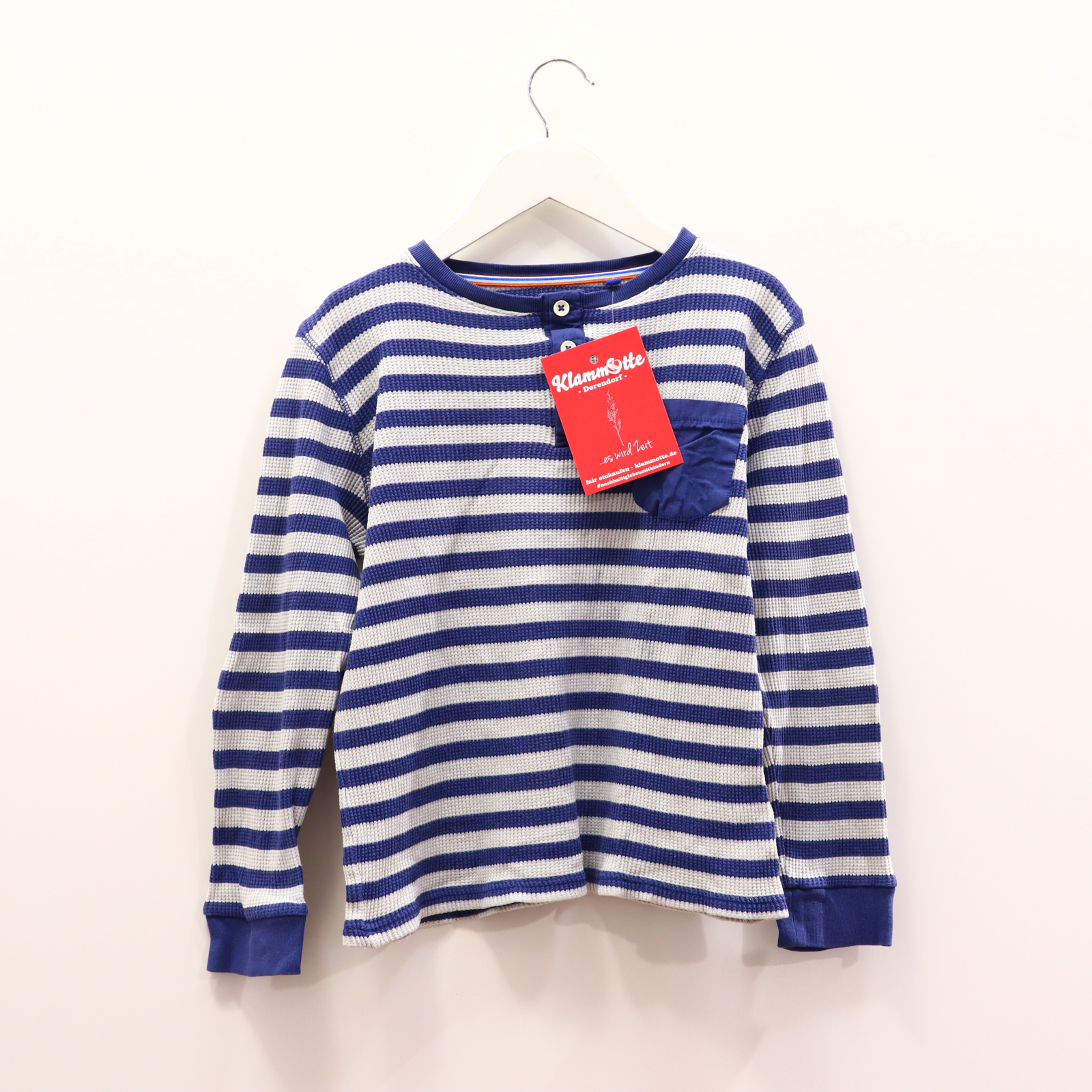 Oberteil mini Boden Gr. 140 langarm Shirt blau/weiß Baumwolle gestreift/Waffelmuster Henley