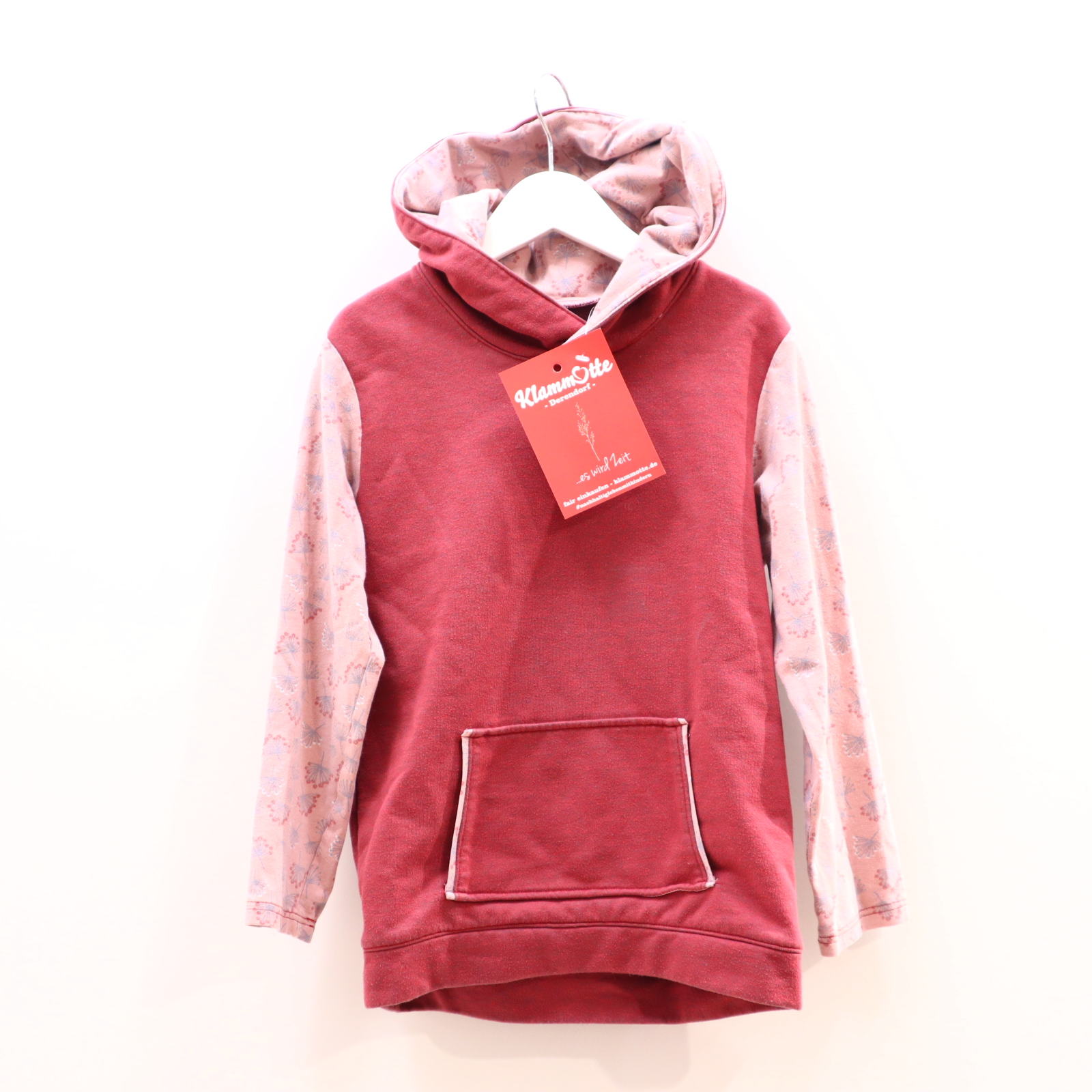 Oberteil Handmade 104/110 bordeaux/rosa Alloverprint/Blumen Kapuzenpulli Baumwolle/Jersey ganz leichtes Pilling