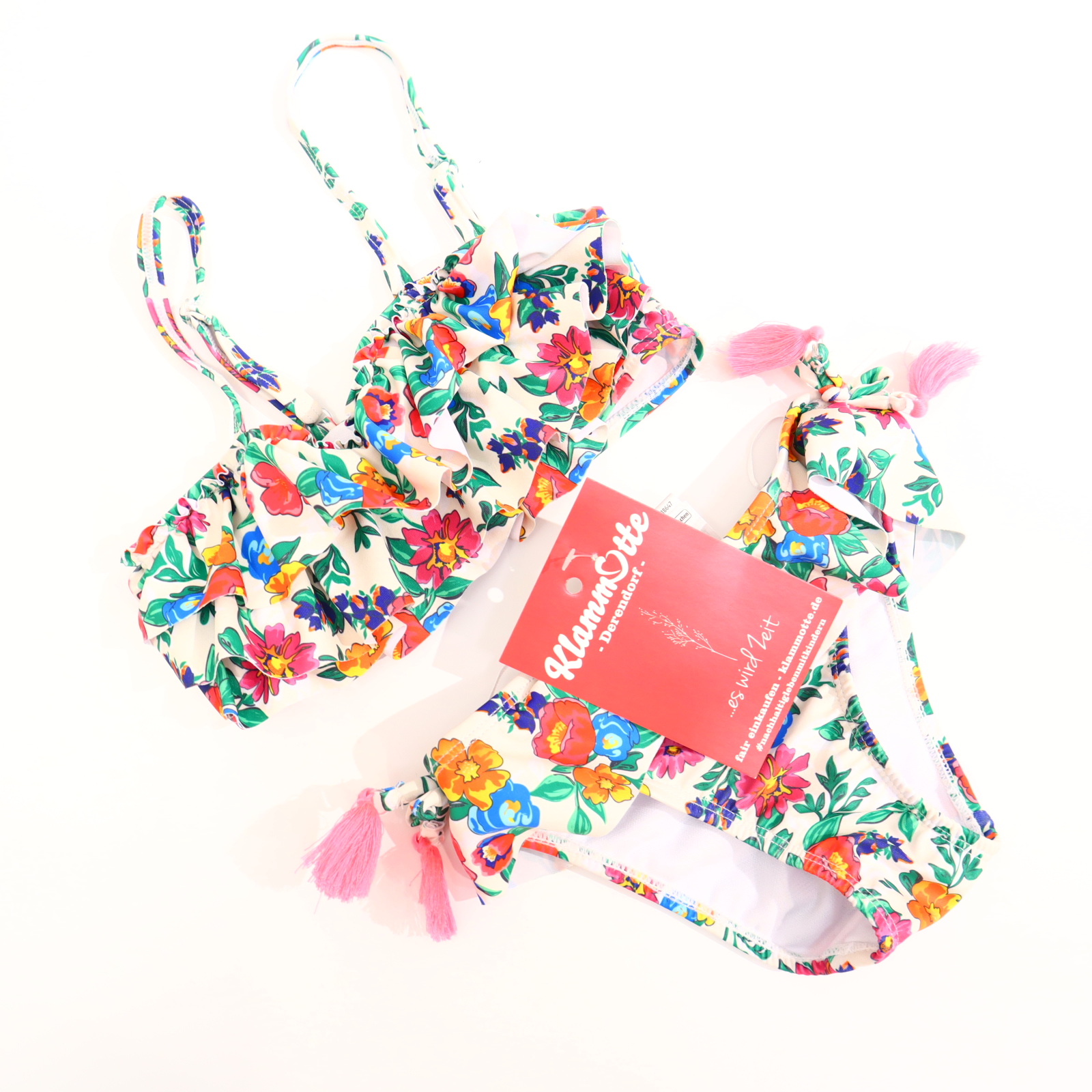 Bademode dm Bikini 110/116 bunt/weiß Alloverprint/Blumen/Volants