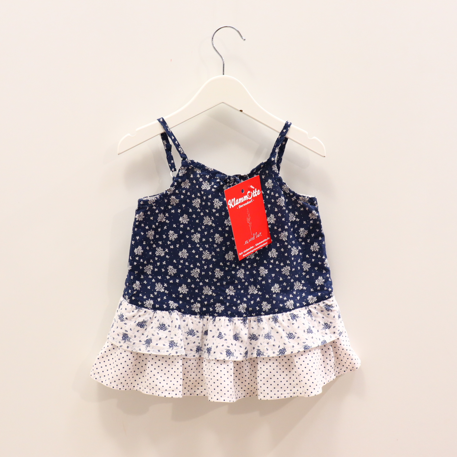 Oberteil TOPO 104 blau/weiß Alloverprint/Blumen/gepunktet/Volants Top/Träger Baumwolle