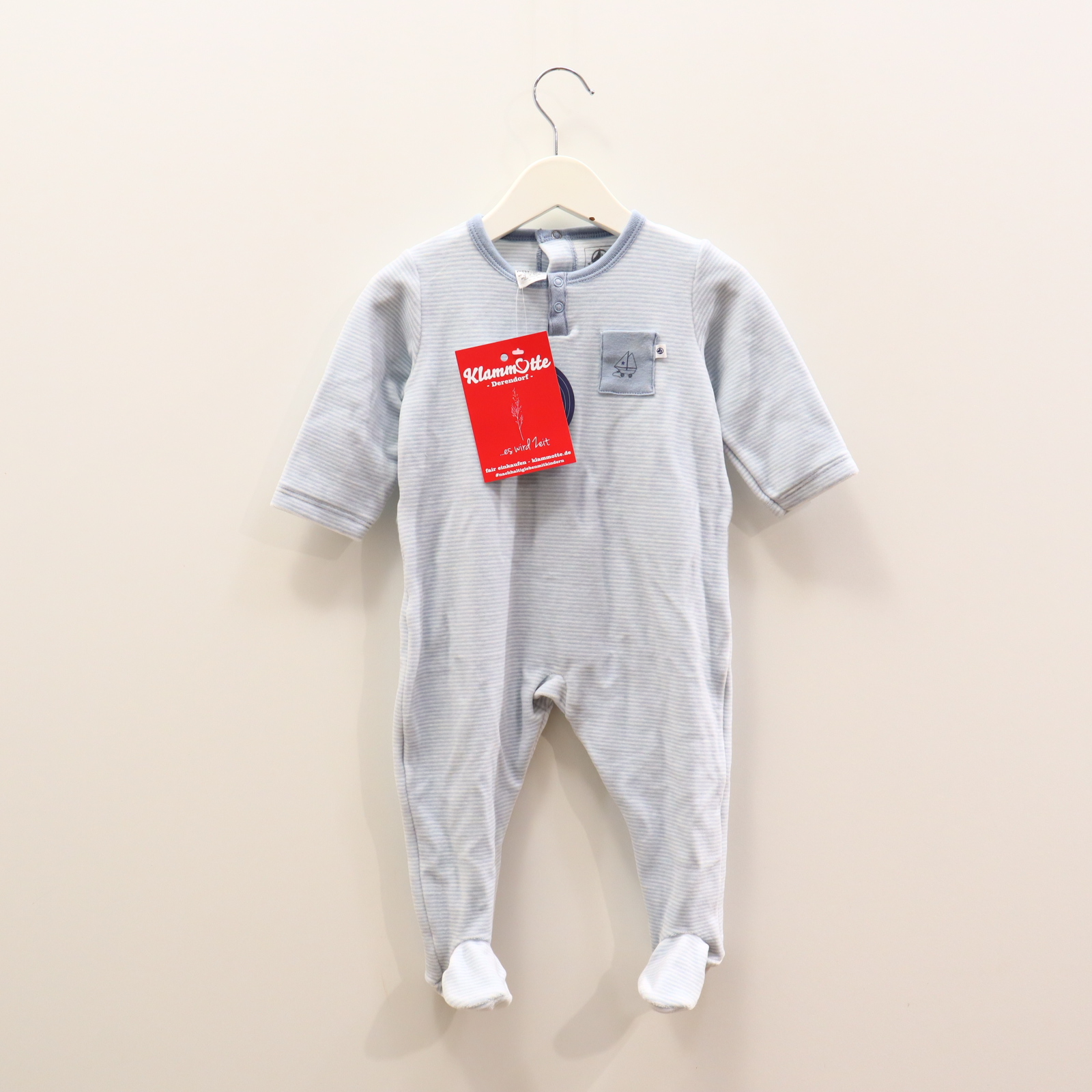Hosen & Strampler PETIT BATEAU 74 hellblau/weiß gestreift Einteiler mit Fuß Baumwolle/Nicki/Polyester Druckknöpfe hinten NEU!