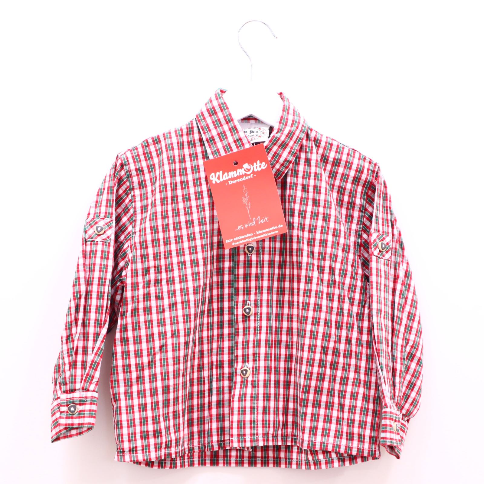 Oberteil St. Peter Country Gr. 98 Hemd/langarm/Trachten grün/rot/weiß gestreift/kariert/Stickerrei