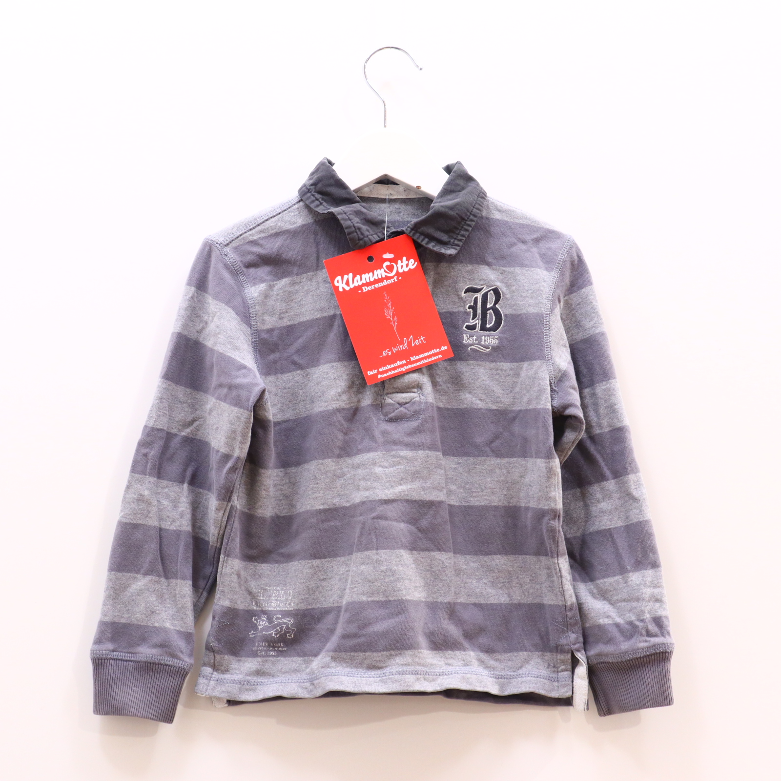 Oberteil Little Blu Gr. 104 langarm/Shirt grau gestreift/Logo/Stickerrei Polo