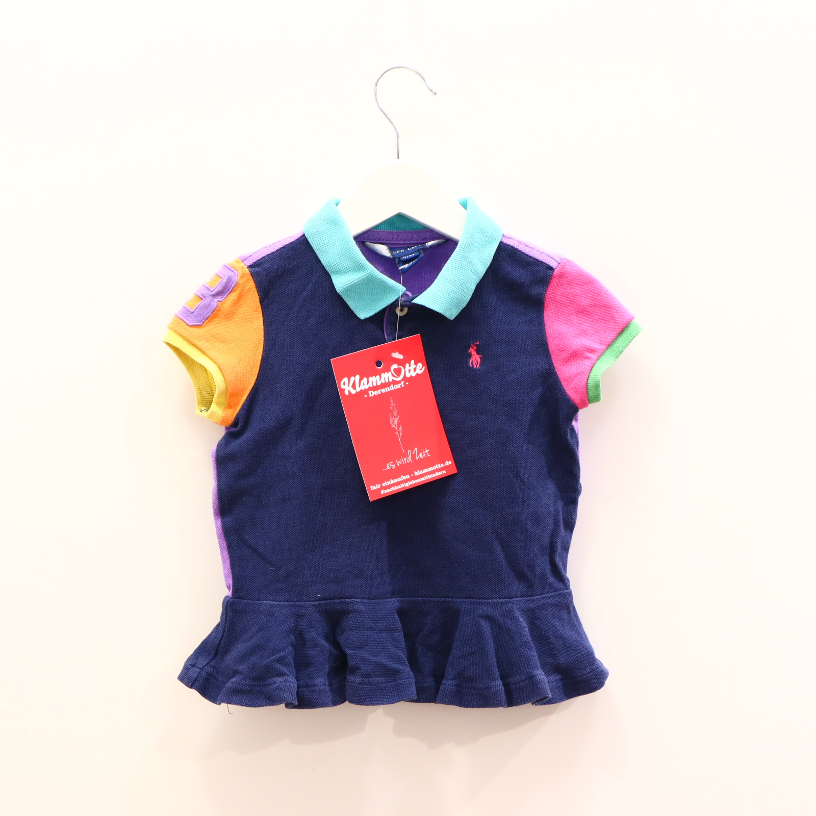 Oberteil RALPH LAUREN 98 blau/bunt Color Blocking/Logo/Stickerei kurzarm Shirt Baumwolle/Pique Polo ganz leicht blass
