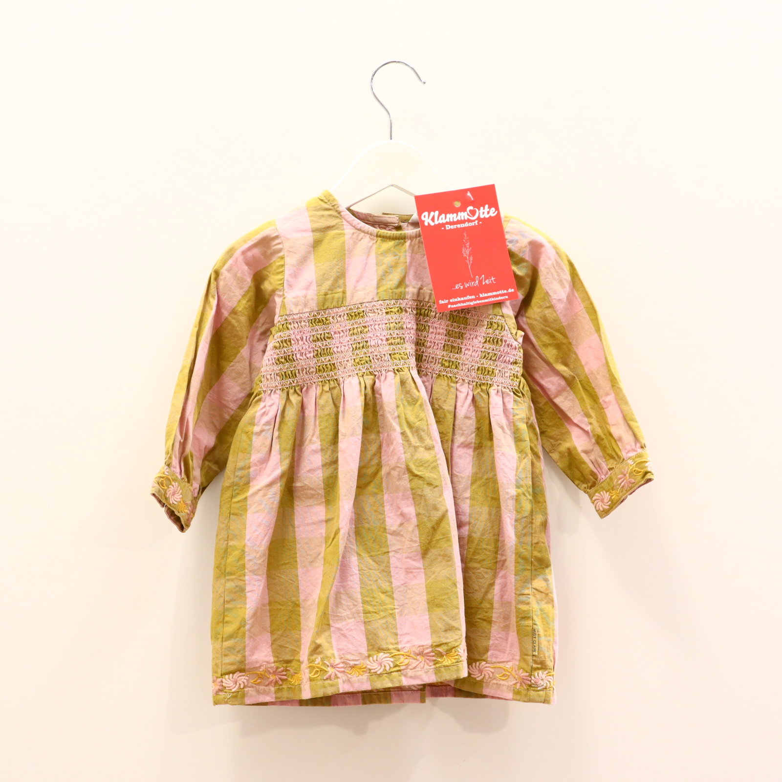 Kleider & Röcke HUST & CLAIRE 80 grün/rosa Kariert/Smok Baumwollkleid Baumwolle Perlmutknöpfe