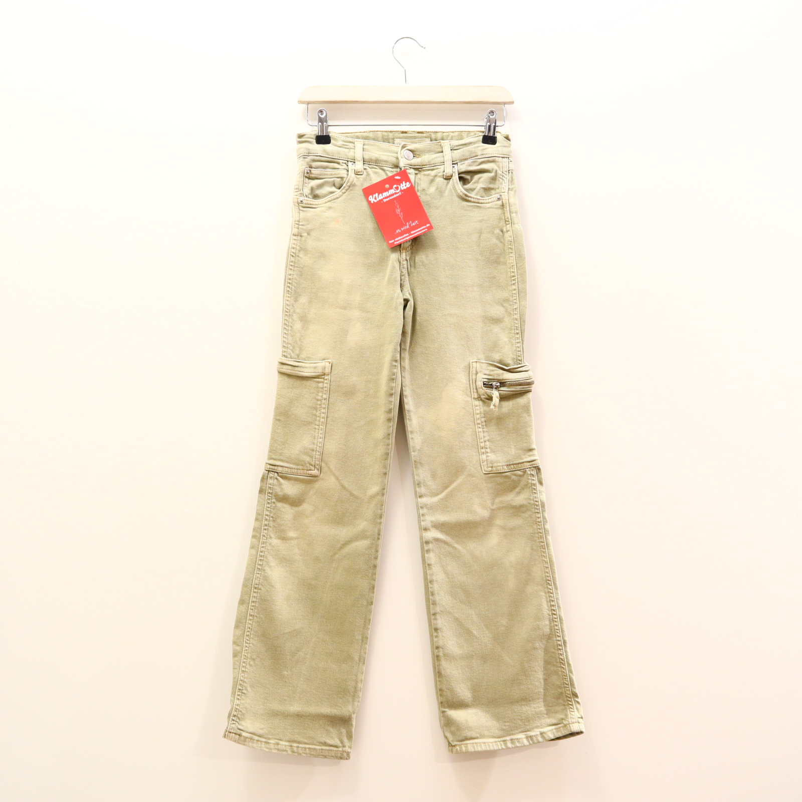 Hose ZARA Cargo/Jeans 164 grün Denim Knopf/Reißverschluß/verstellb. Bund ganz kleiner Fleck!