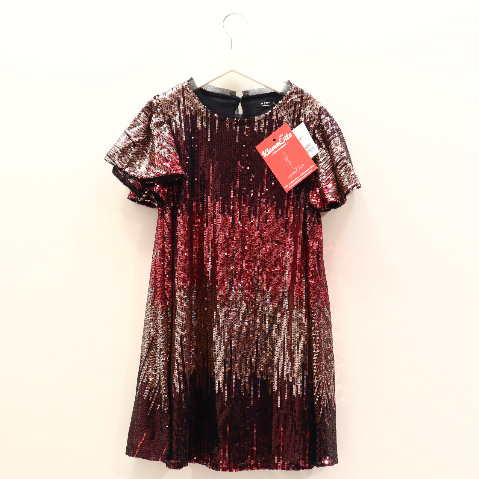 Kleider & Röcke NEXT Pailettenkleid 128 rot Pailletten recycelter Polyester Knopf NEU!