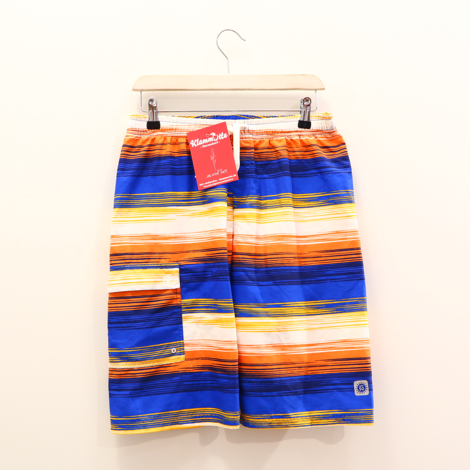 Bademode reima 164 blau/gelb/orange/weiß Streifen Badeshorts UPF 50 kl. Materialfehler!