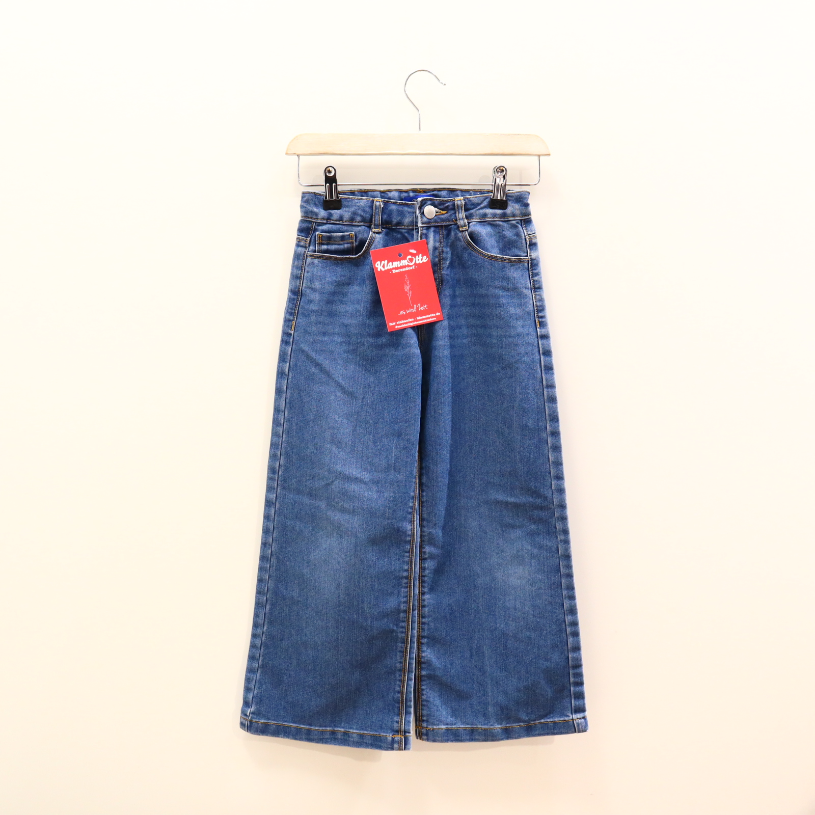 Hose Okaidi Jeans 128 blau Denim Knopf/Reißverschluß/verstellb. Bund Wide Leg