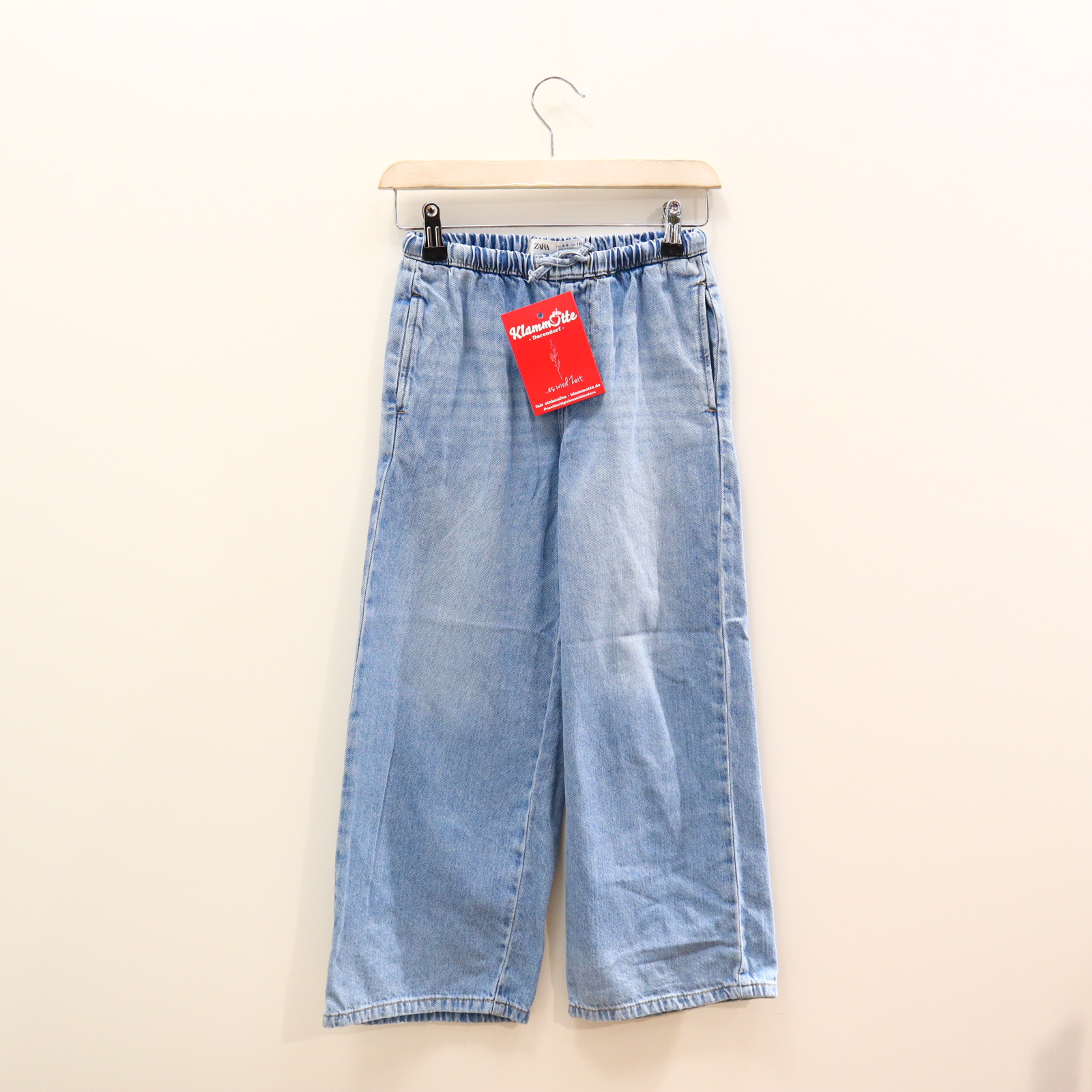 Hose ZARA Jeans 128/134 blau Denim Gummibandzug/Kordelzug Wide Leg