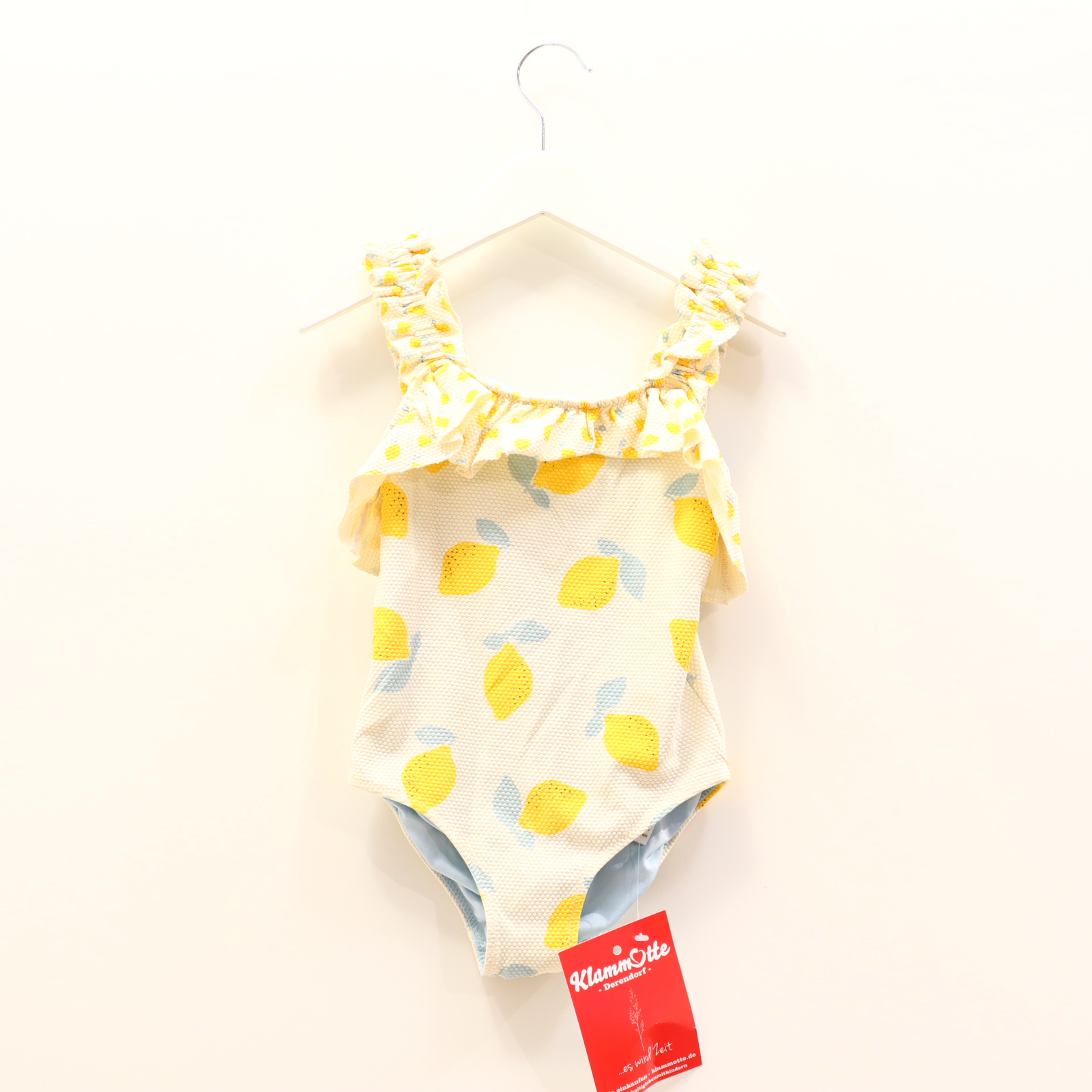 Bademode next Badeanzug 116 blau/creme/gelb Alloverprint/Volants Elasthan/Nylon