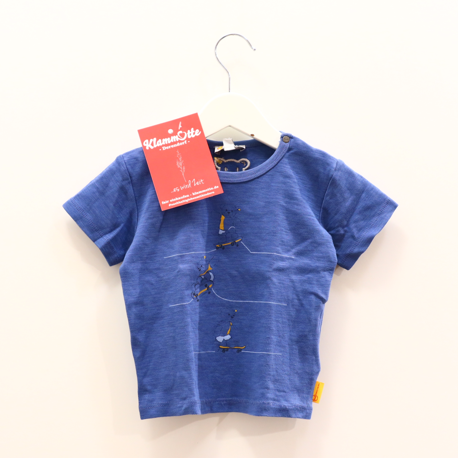 Oberteil Steiff 80 blau Applikation/Logo/Print kurzarm Shirt Baumwolle/Elasthan