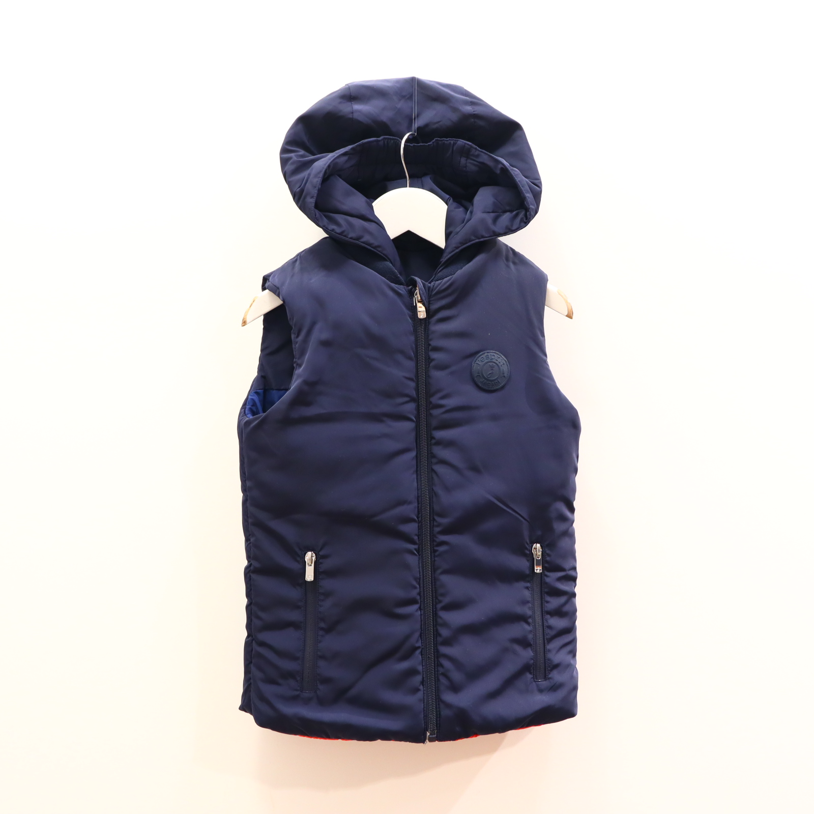 Jacke Jacadi 128 blau/rot Applikation/Logo Steppweste abnehmb. Kapuze/wendbar