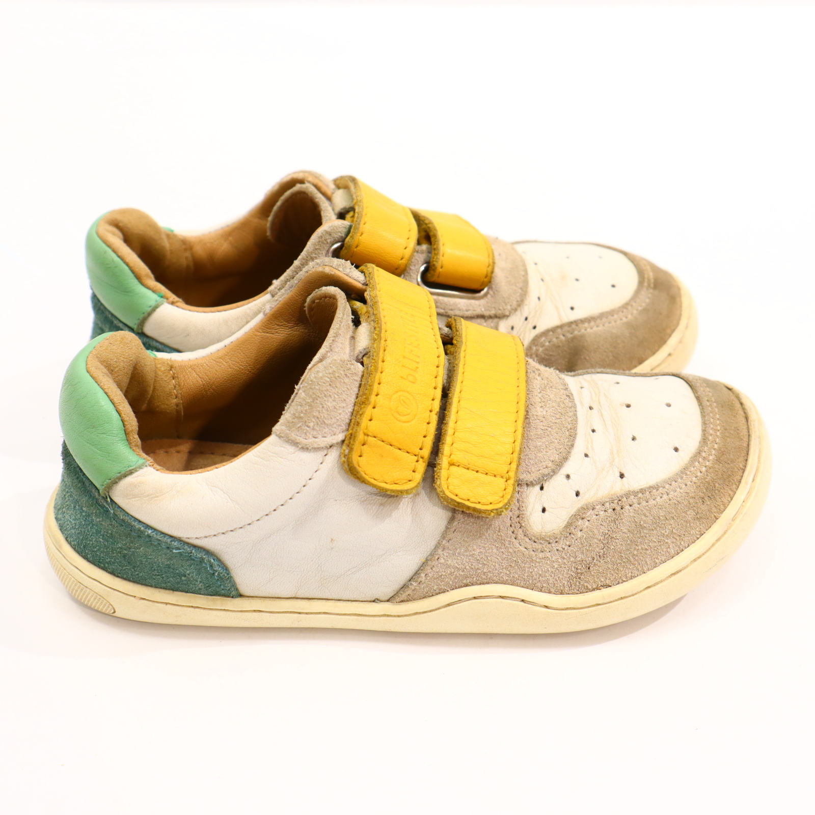 Halbschuhe BLIFESTYLE Barfußschuhe/Klett 28 gelb/grün/weiß Leder leichte gleichmäßige Ablaufspuren